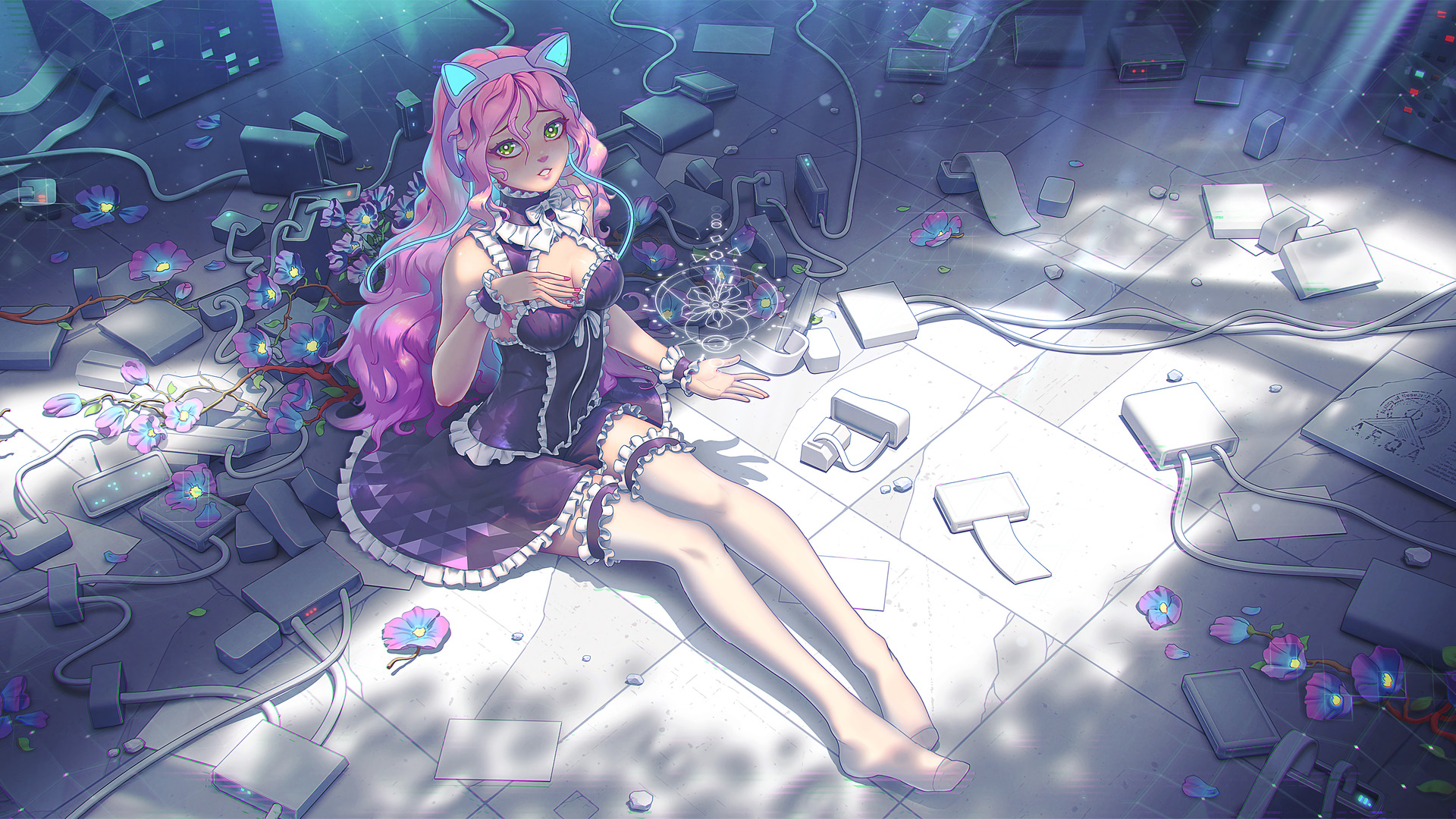 超清猫女孩 网络女孩 动漫 鲜花 网络 赛博朋克 电脑 壁纸 5744×2880