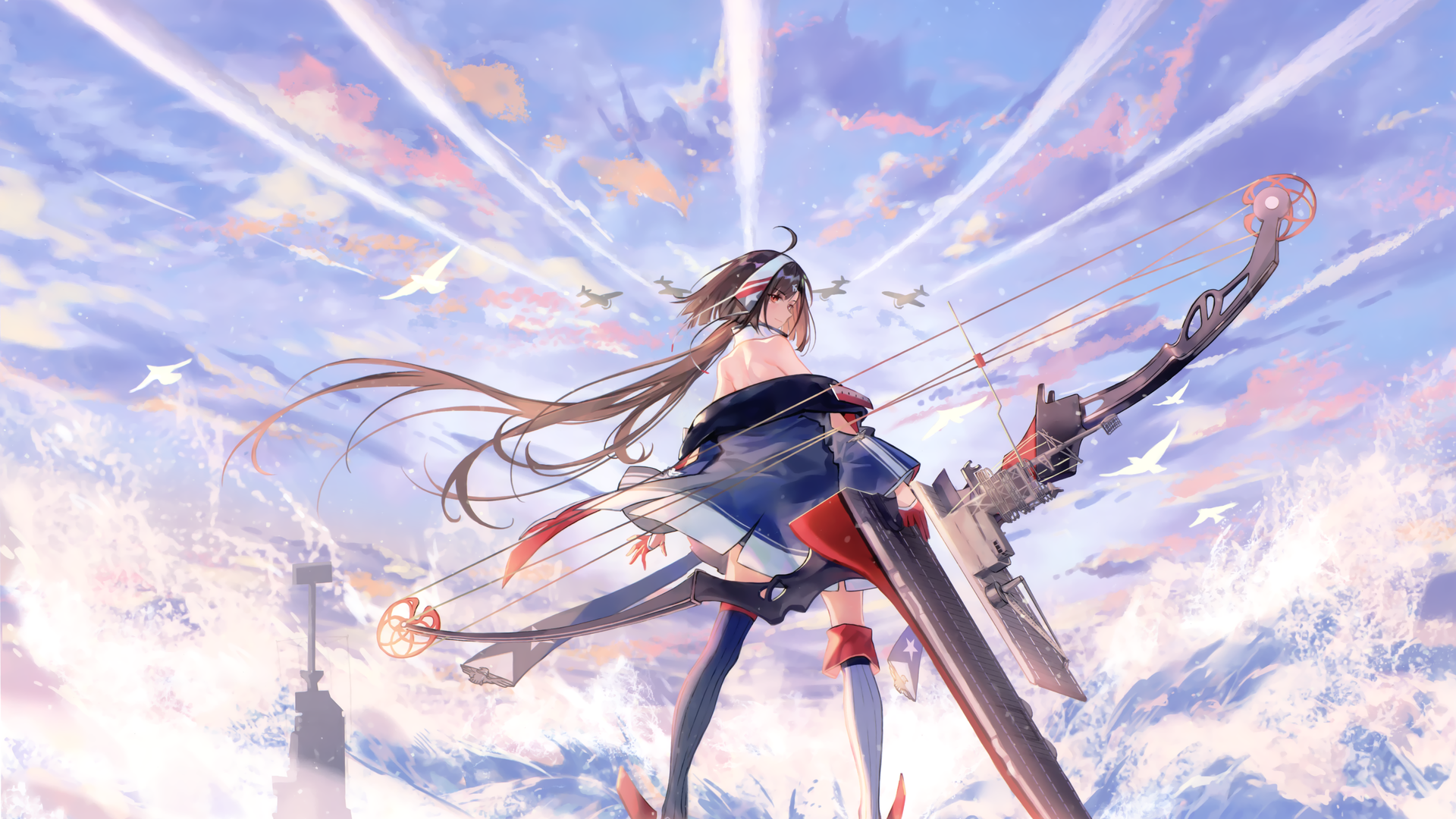 超清天空 云 动漫女孩 回头看 水 武器 鸟 飞机 电脑 无水印壁纸 3840×2160