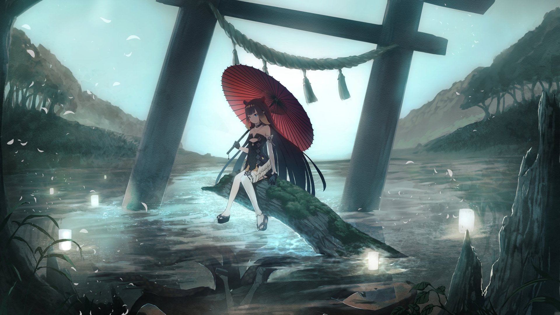 热门长发 奈美子 全息 虚拟 尼诺美 雨伞 水 电脑 高清壁纸 4096×2304