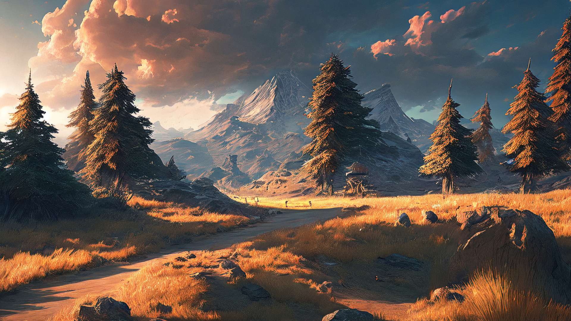 艺术 风景 AI艺术 插图 自然 夕阳辉光 树木 山脉 云 电脑 4K高清壁纸 3840×2160