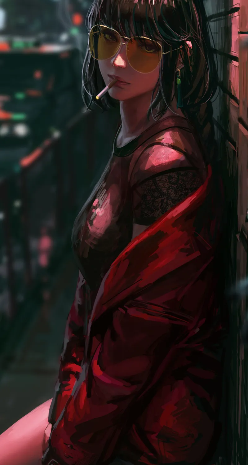 热门女人 原创人物 古维兹 街道 夜晚 绘画 眼镜 手机 高清壁纸 3997×5000