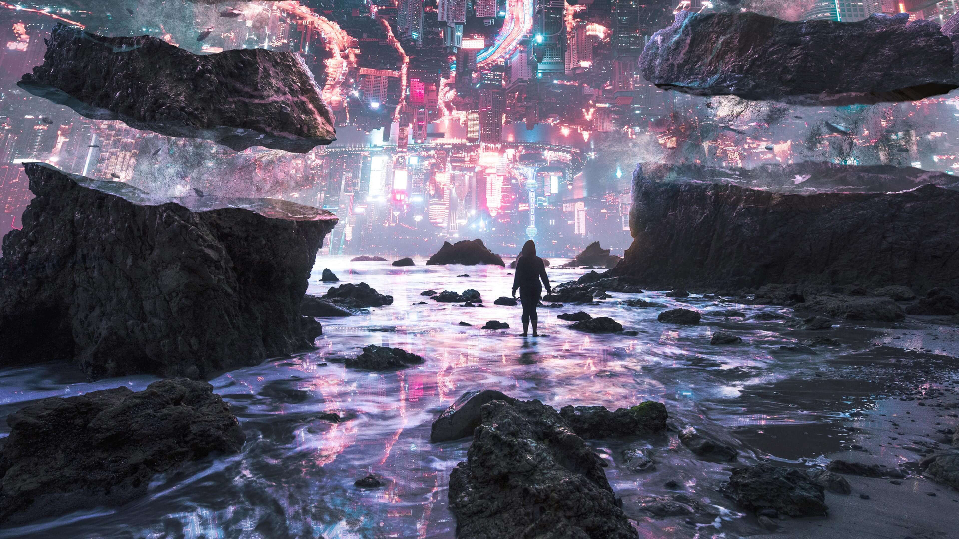 唯美妇女 AI艺术 城市 岩石 海 幻想艺术 颠倒 超现实 未来主义 赛博朋克 电脑 高清壁纸 3840×2160