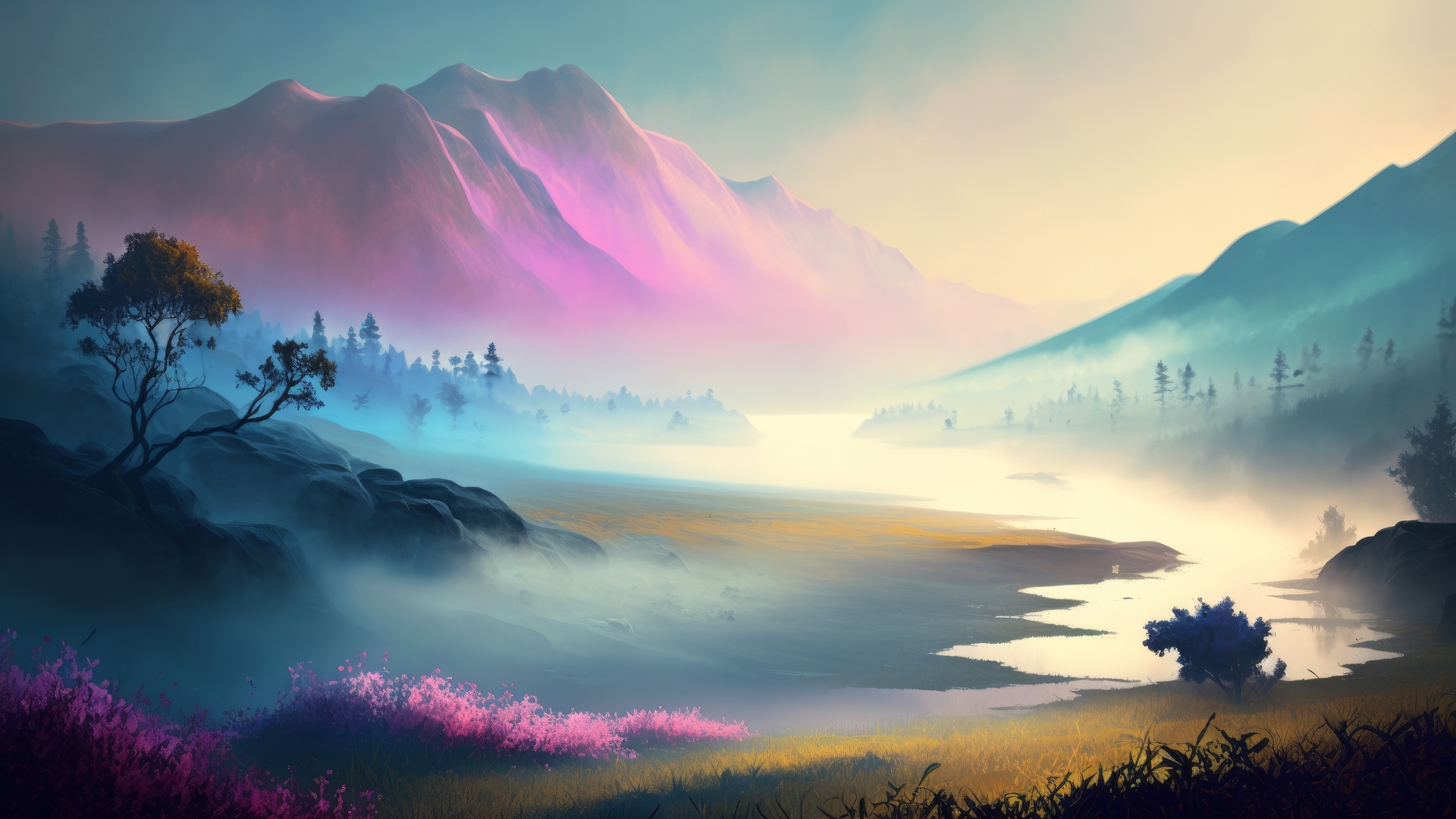 热门艺术 插图 山 风景 绘画 薄雾 自然 水 电脑 高清壁纸 4579×2616