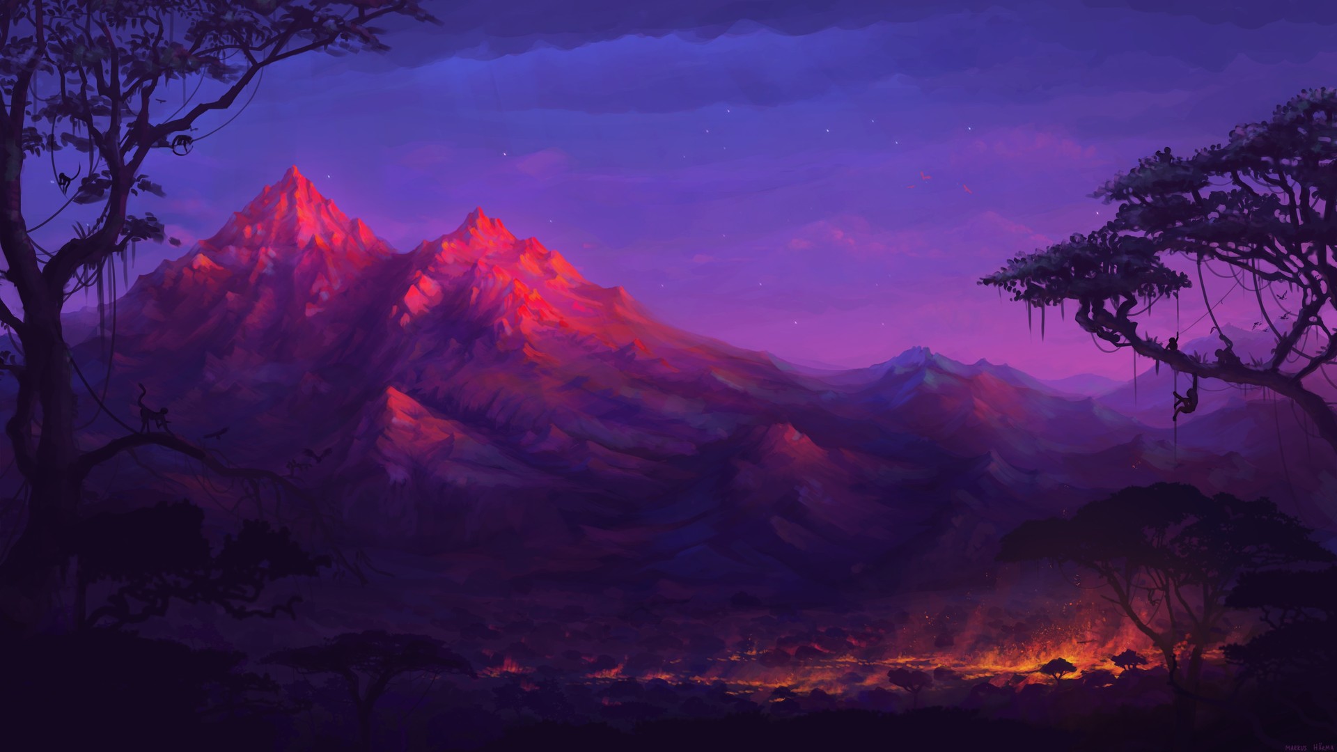 奇幻艺术 山 五颜六色 猴子 夜 树 火 风景 电脑 壁纸 5000×2828