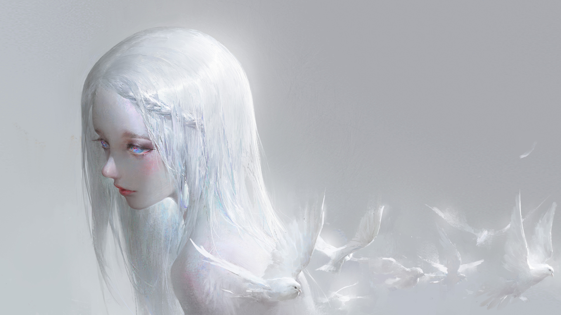 白色头发 长头发 精灵般女孩 电脑 壁纸 5531×2961