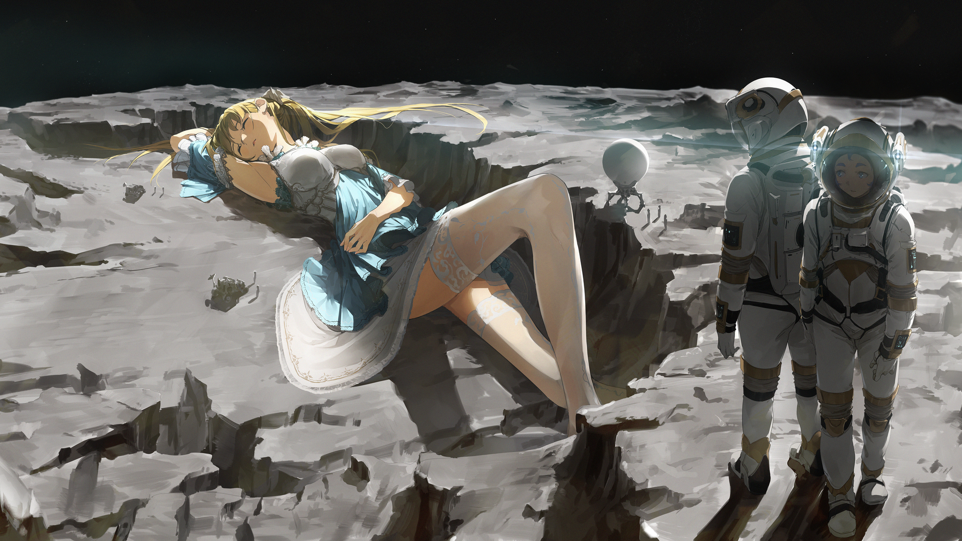 精选长发 闭眼 胜津 原创人物 动漫 动漫女孩 月亮 星星 宇航服 电脑 壁纸 4645×2500