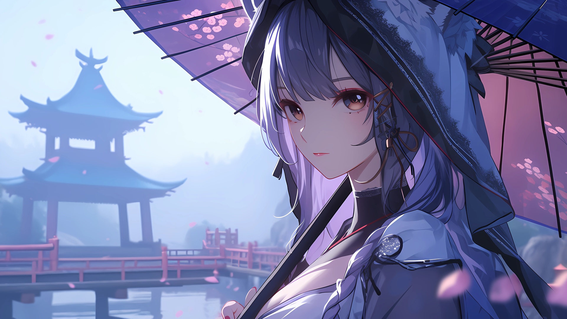 唯美伞 花瓣 雷登幕府 原神 水 艺术 电脑 无水印壁纸 5800×2944