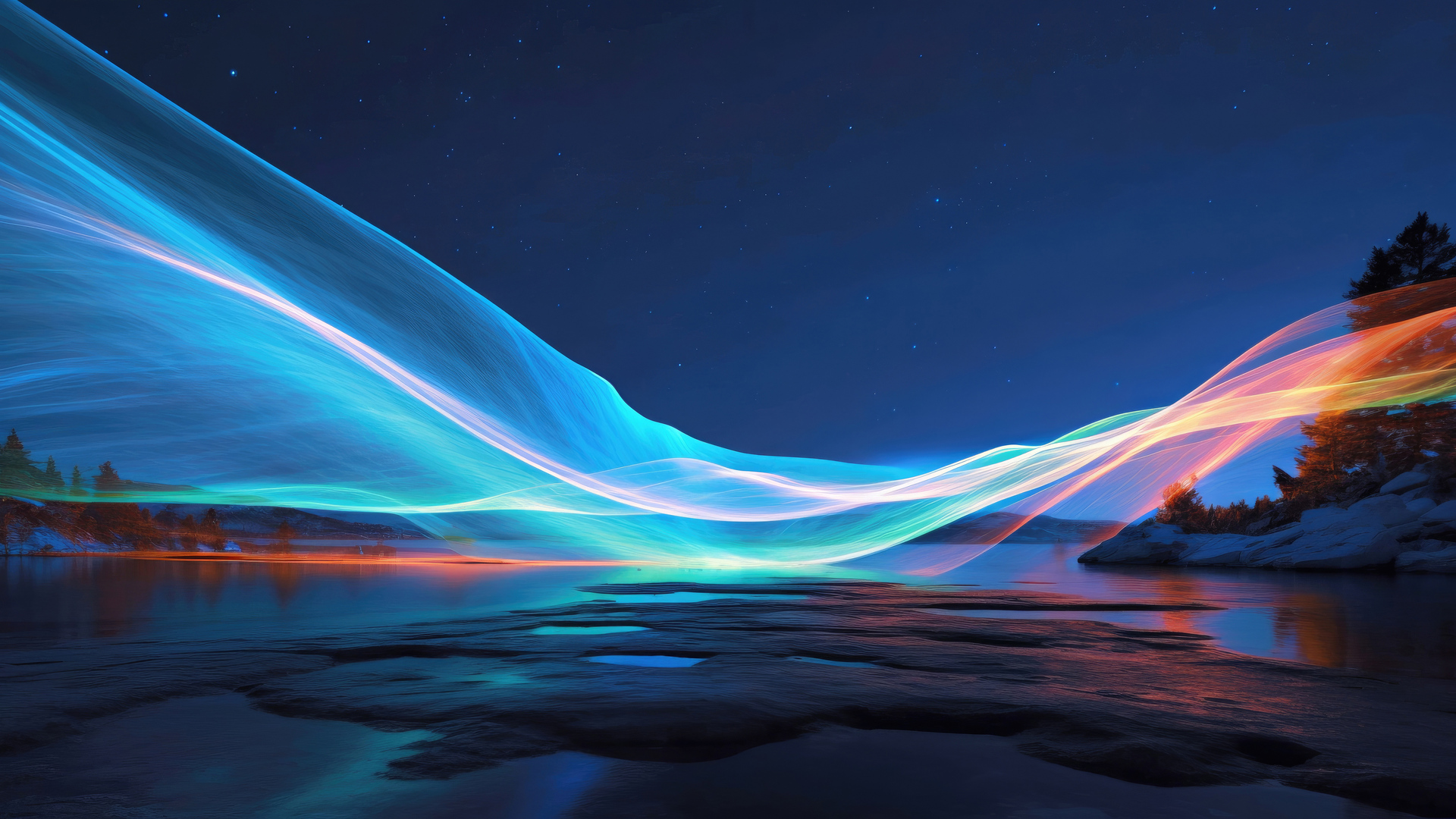 热门AI艺术 风景 自然 水 湖 星星 天空 树木 电脑 高清壁纸 5120×2869