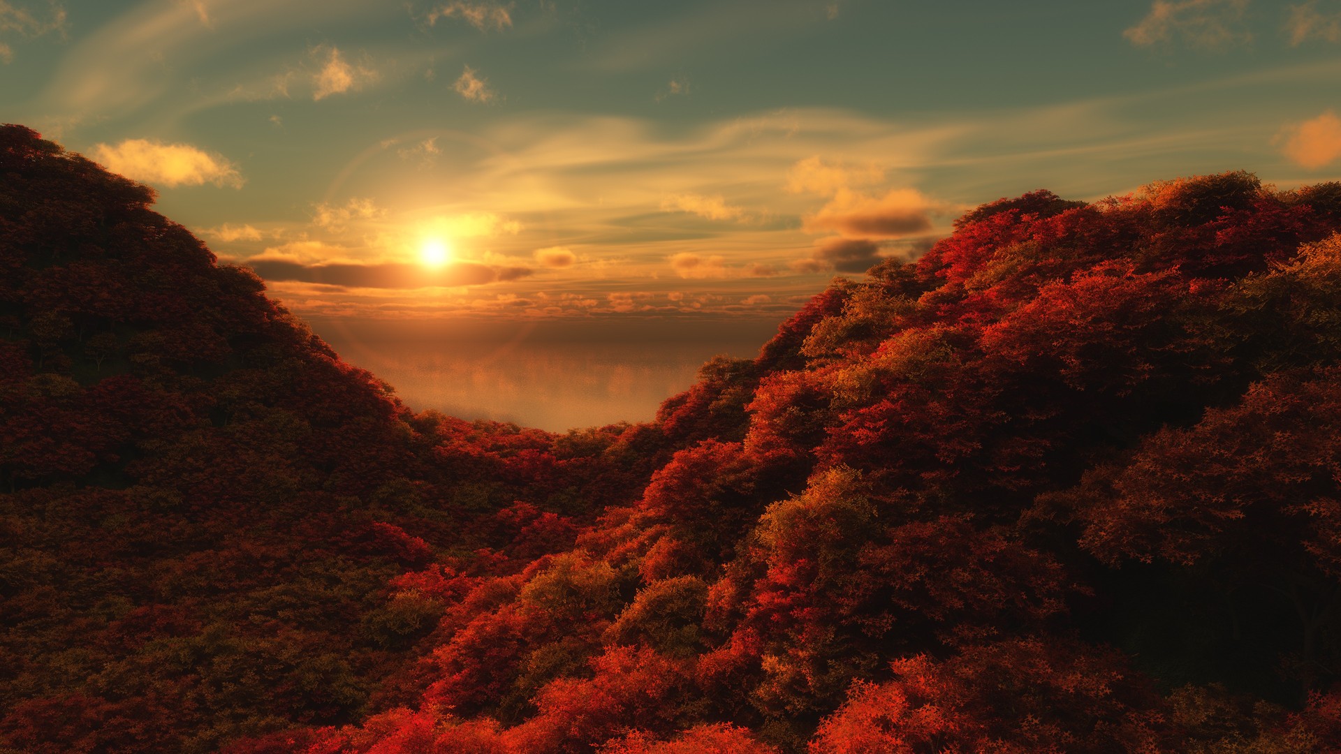 绝美秋天 景观 太阳 天空 树木 云 自然 森林 丘陵 阳光 电脑 手机壁纸 3840×2160