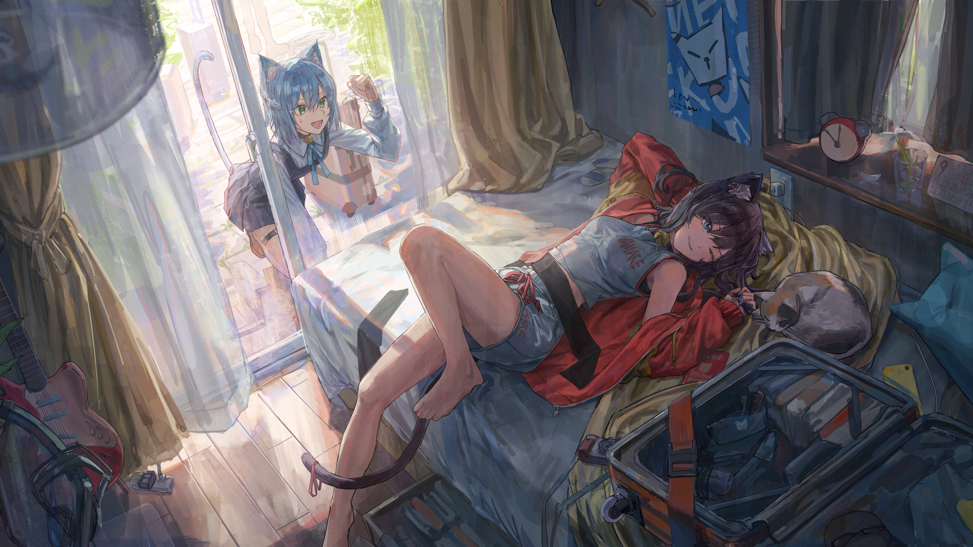 躺着 猫女孩 兽耳 动漫女孩 猫耳朵 猫尾巴 电脑 4K高清壁纸 4685×2524
