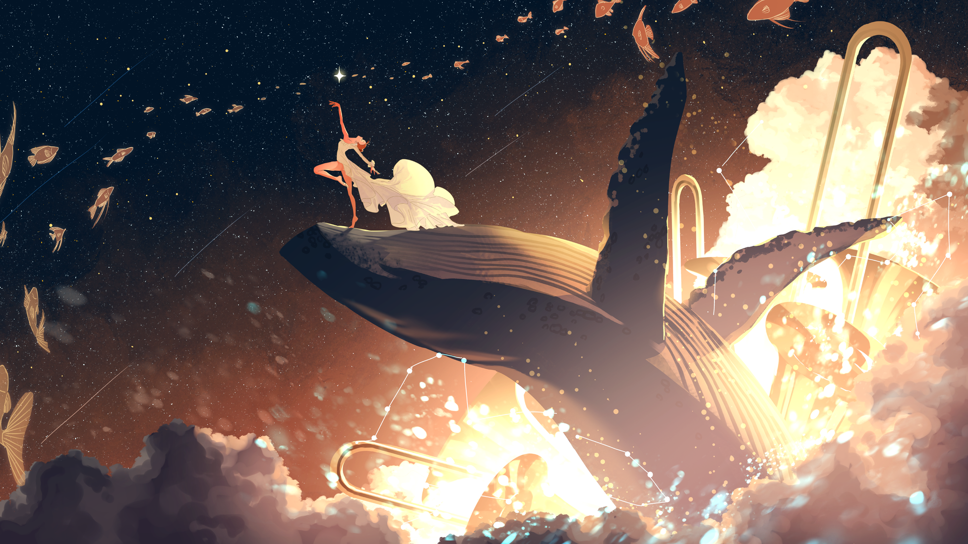 绚丽太空 宇宙 鱼 云 鲸鱼 舞蹈 服装 电脑 4K壁纸 4096×2246
