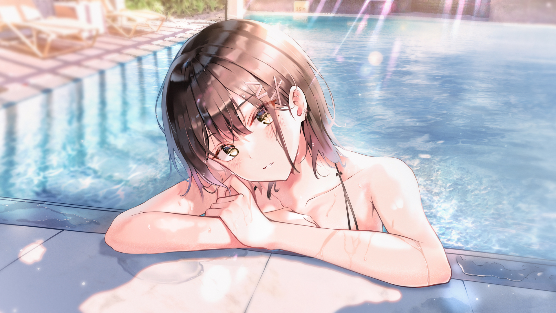 动漫 动漫女孩 艺术作品 棕色眼睛 游泳池 电脑 壁纸 6669×3433