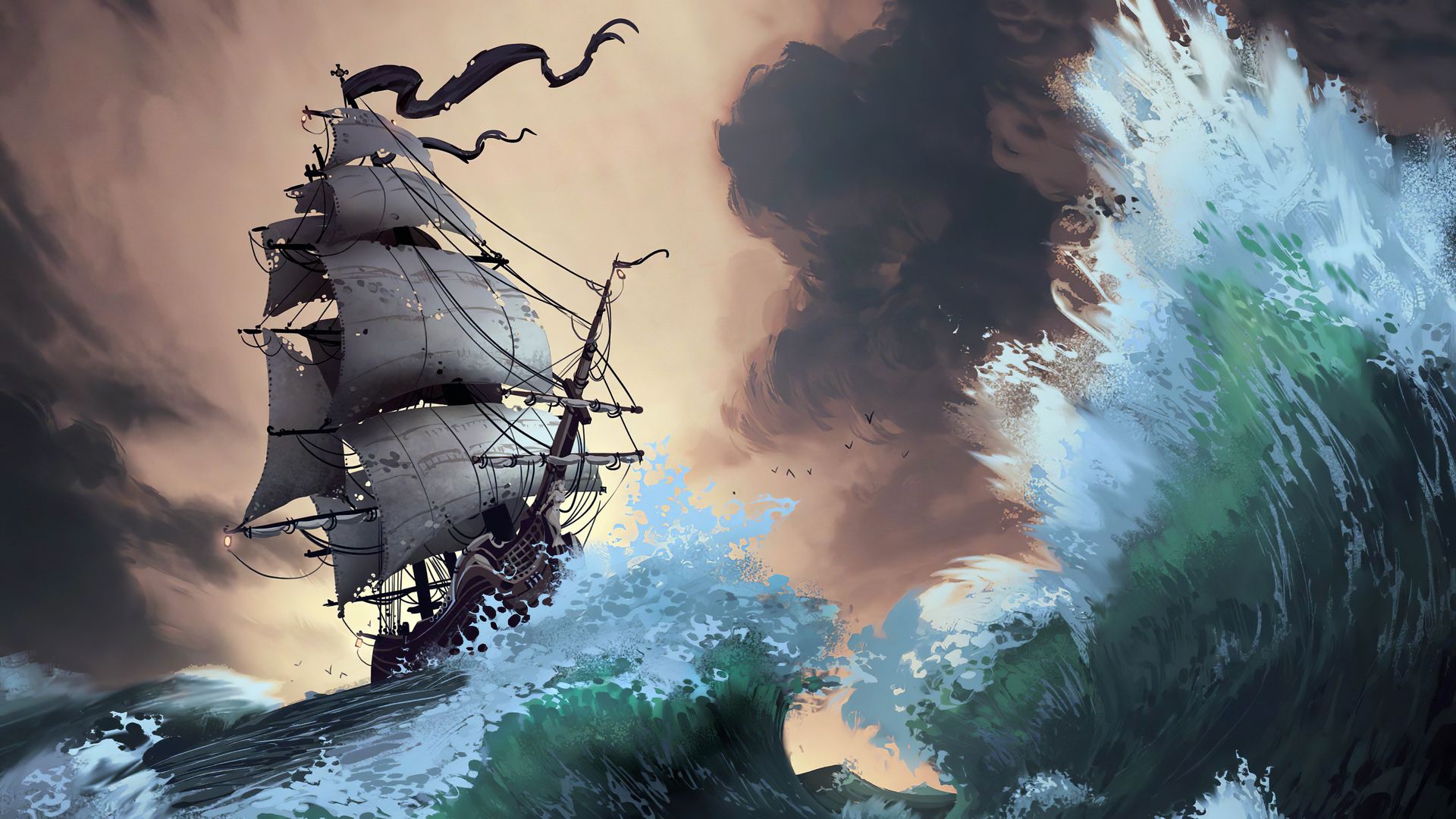 AI艺术 船 风暴 波浪 海盗船 电脑 壁纸 3840×2160