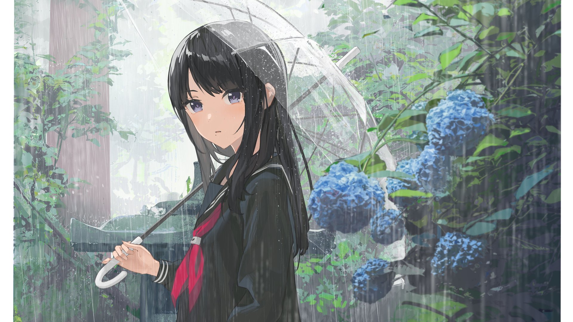 绚丽动漫女孩 雨 伞 花 校服 树叶 电脑 壁纸 4096×2836