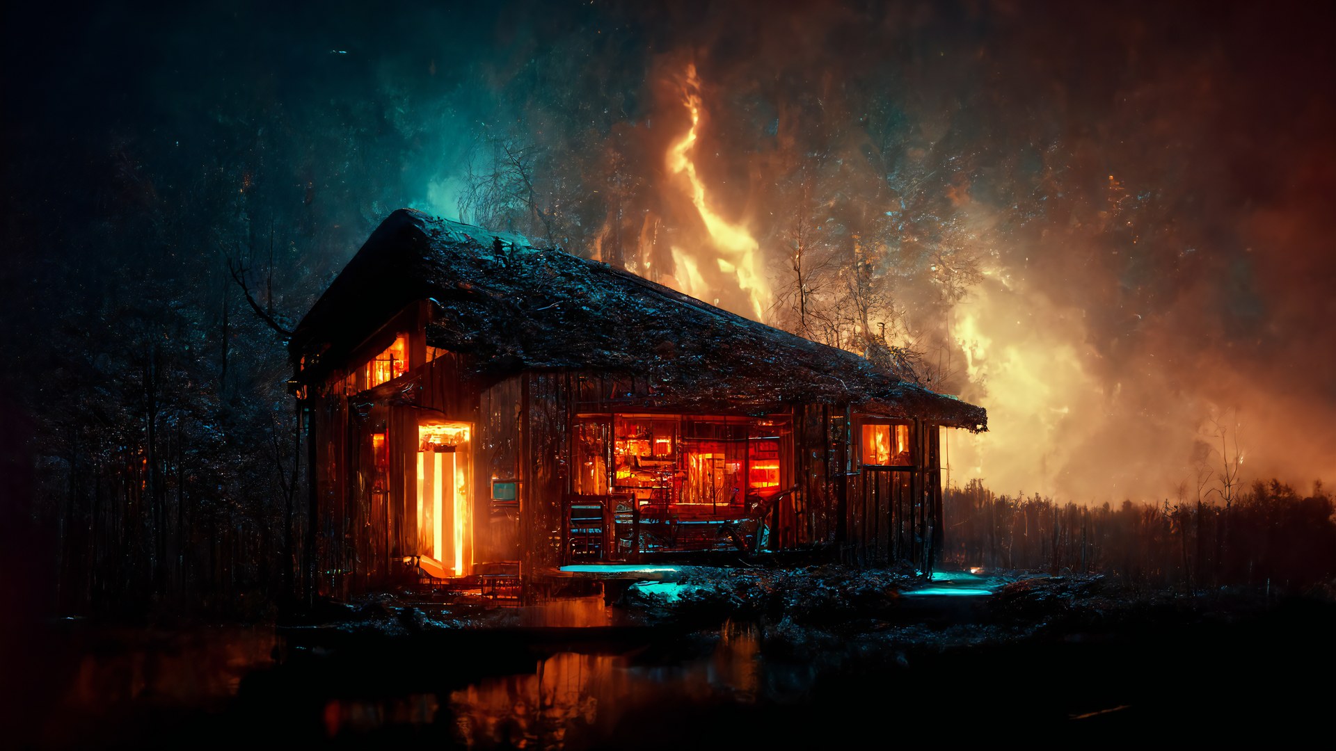 小屋 火 概念艺术 黑暗 电脑 高清壁纸 7168×4096