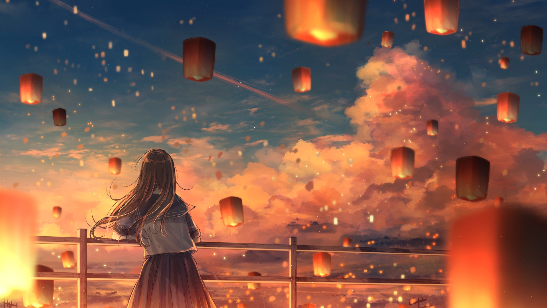 黑发 花森 动漫 动漫女孩 日落 天灯 夜灯 电脑 4K高清壁纸 3992×2632