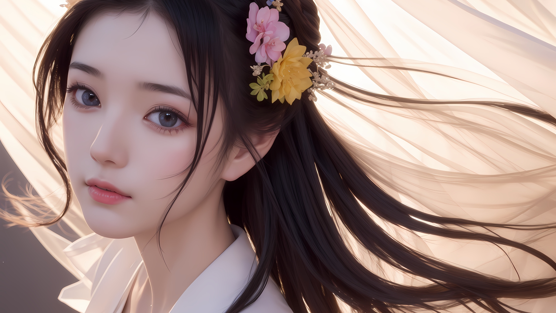 经典亚洲 女性 脸 长发 人工智能艺术 头发里的花 电脑 壁纸 6144×4096