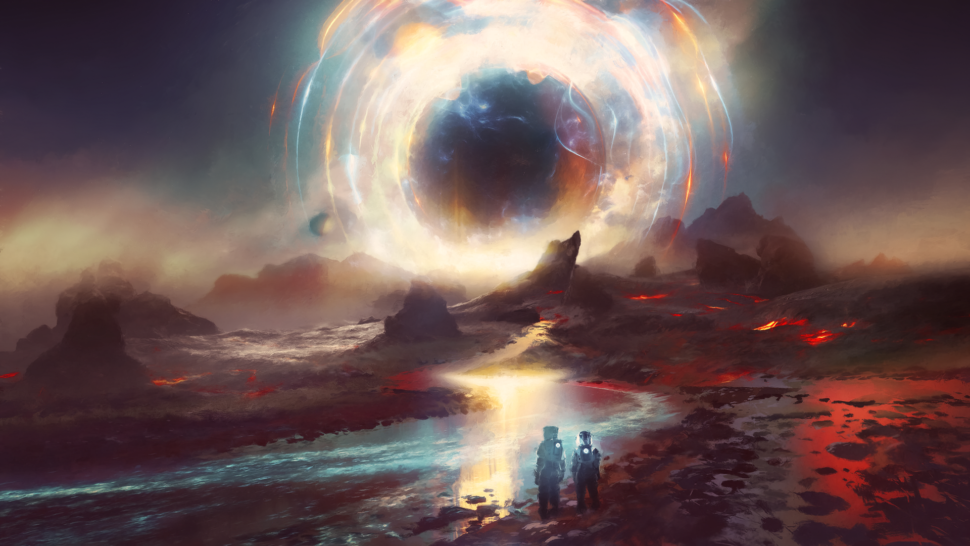 宇航员 科学家 太阳 黑色 行星 熔岩 太空 壁纸 3840×2160