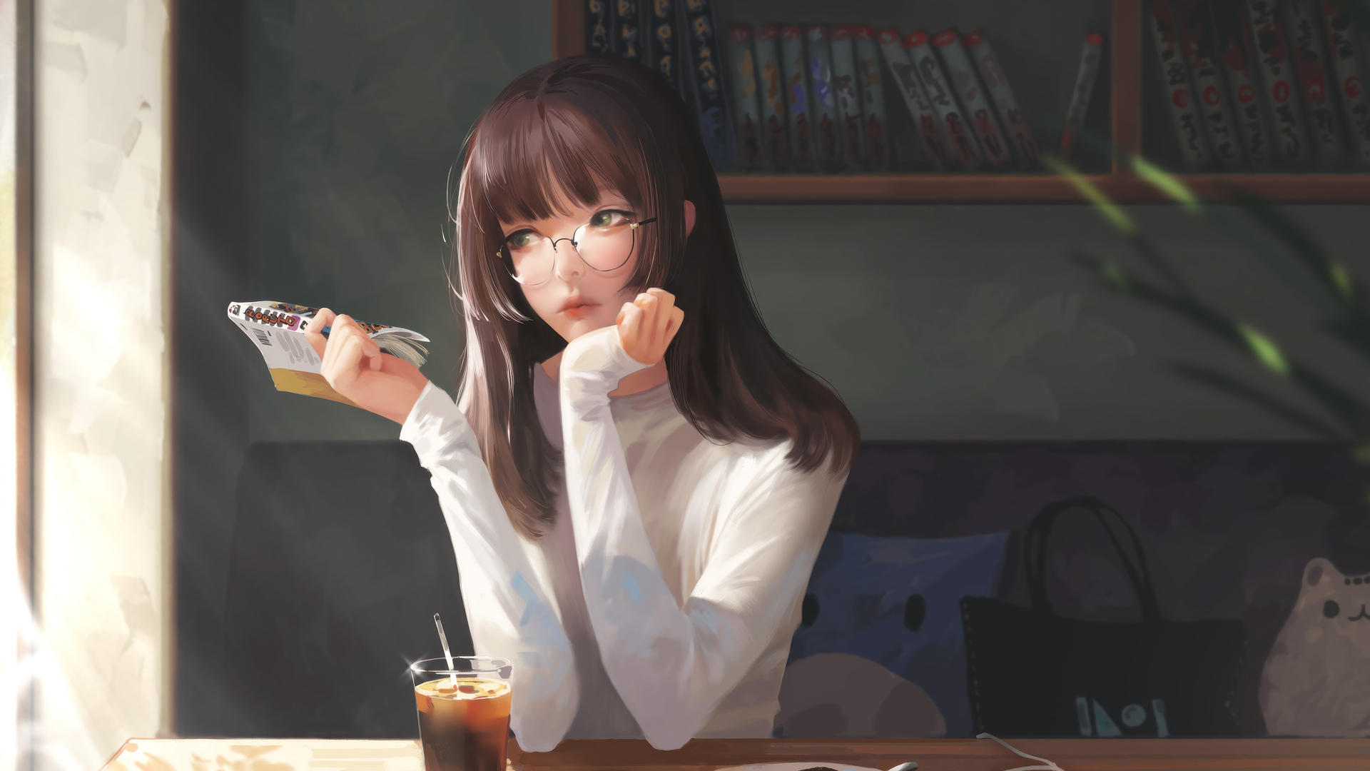 绝美原创人物 深色头发 目光移开 咖啡馆 书籍 眼镜 动漫女孩 饮料 电脑 手机壁纸 3840×2160