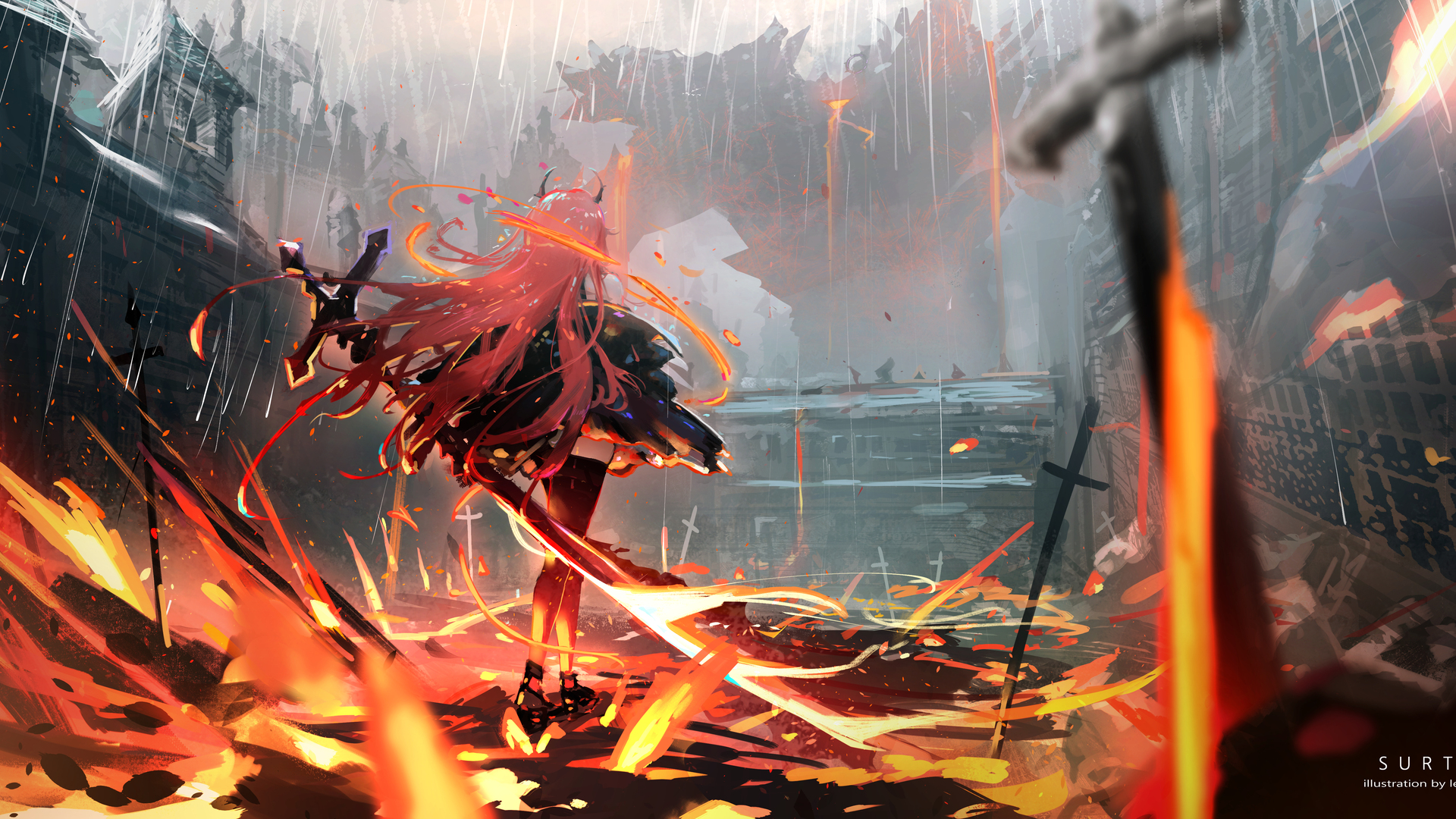 明日方舟 动漫女孩 武器 火 号角 雨 电脑 壁纸 6000×3000