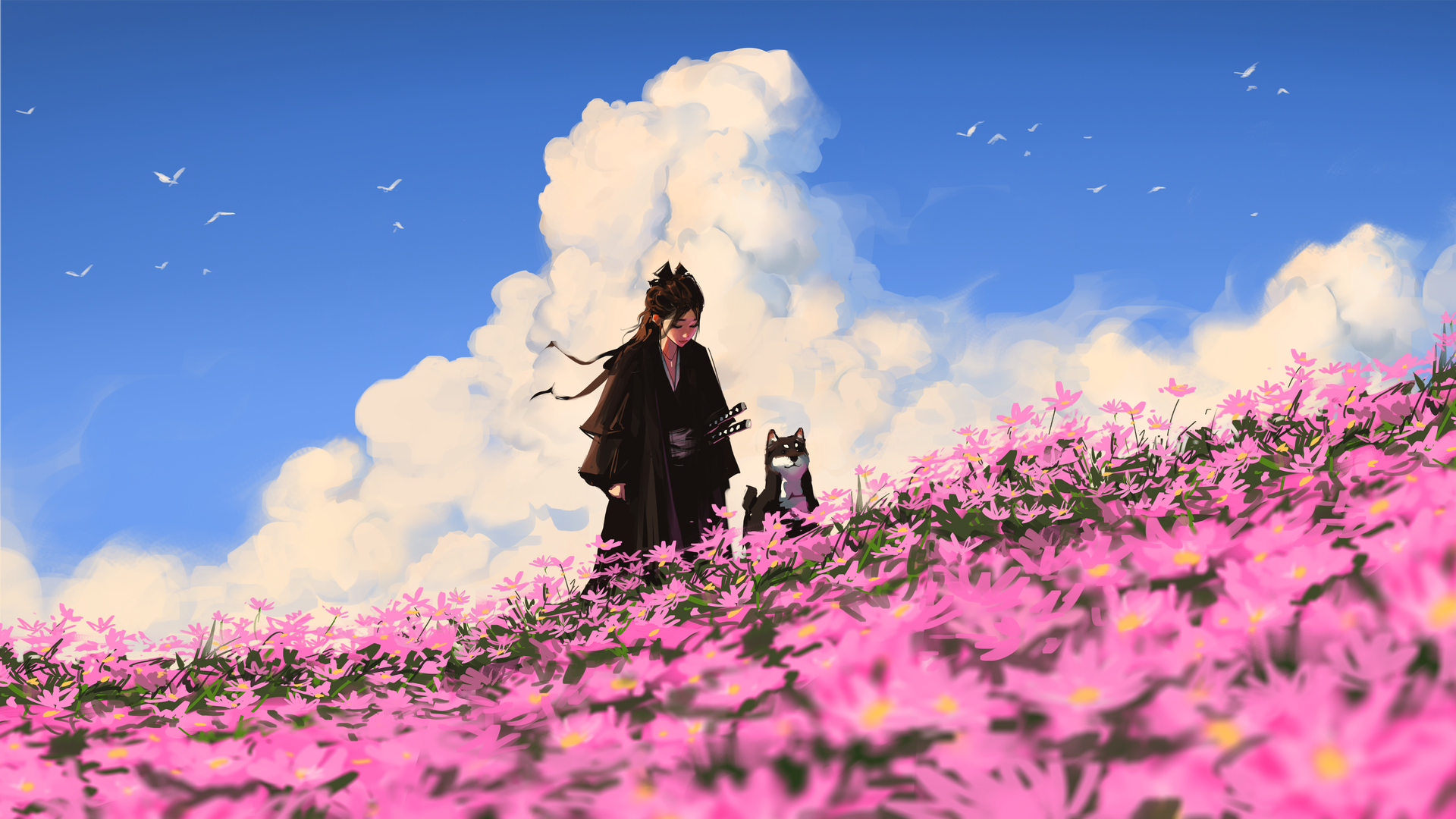 热门女性 长发 黑发 柴犬 领域 花 天空 电脑 高清壁纸 3840×2160