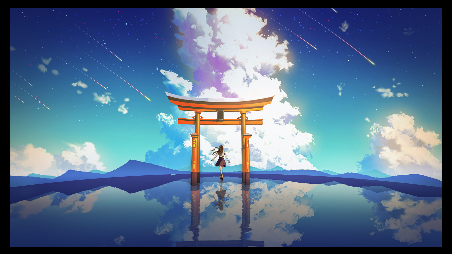 热门动漫女孩 天空 云 反射 风景 电脑 高清壁纸 3840×2160