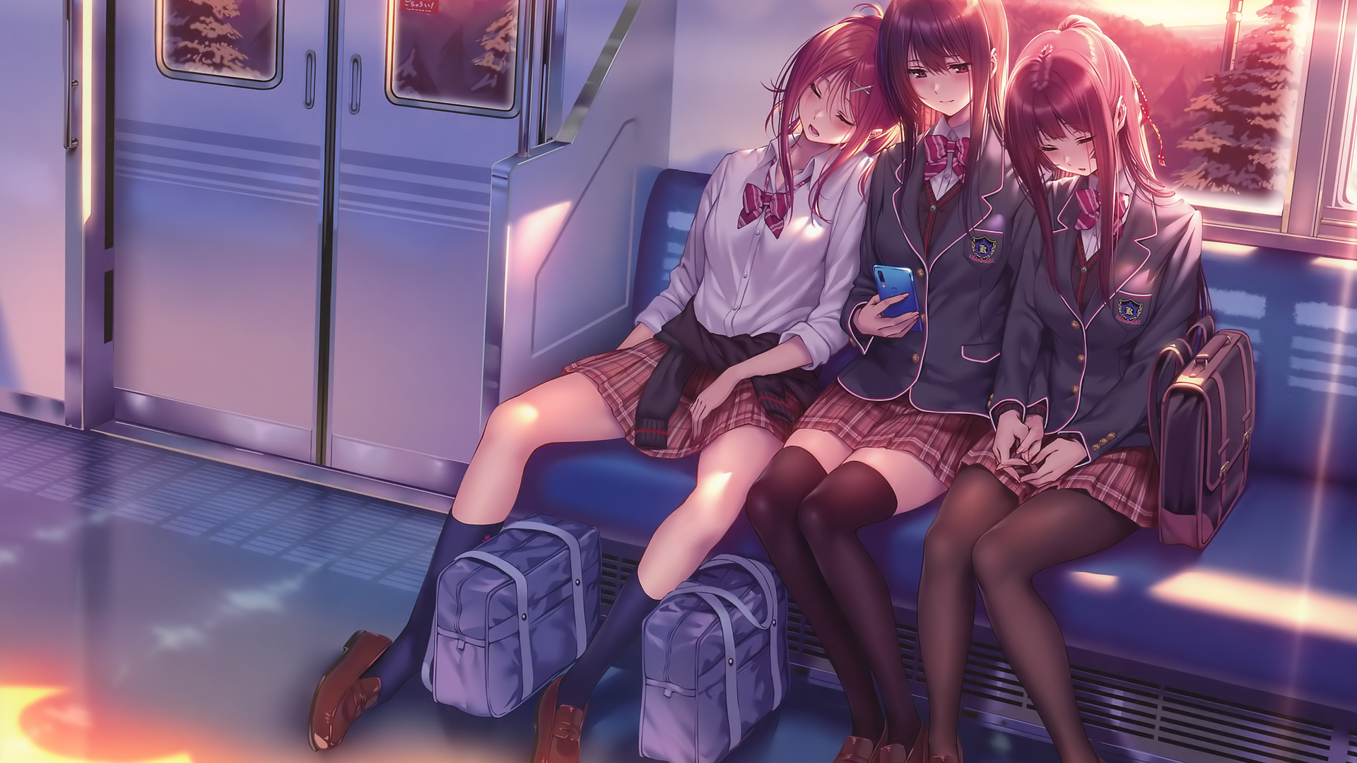 女性三人组 女性团体 动漫女孩 校服 火车 睡眠 电脑 4K高清壁纸 5049×3600