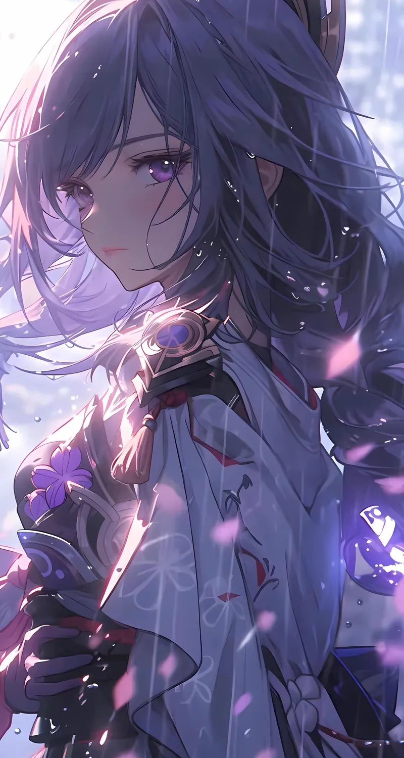 高清动漫女孩 紫色的眼睛 雨 武器 剑 花瓣 艺术 手机 无水印壁纸 7712×10240