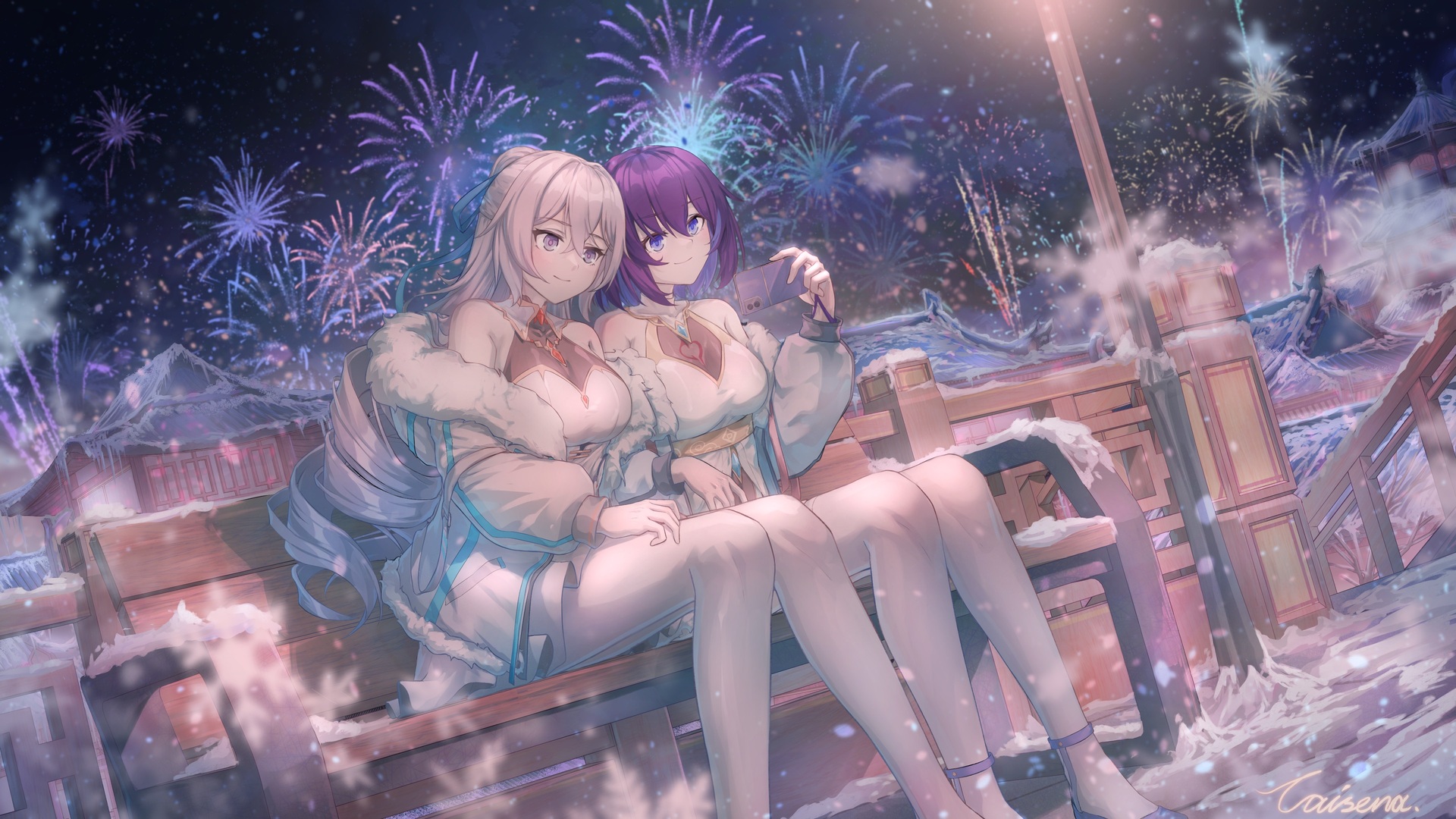 动漫女孩 动漫 白色打底裤 烟花 雪地 木凳 电脑 壁纸 3840×2160