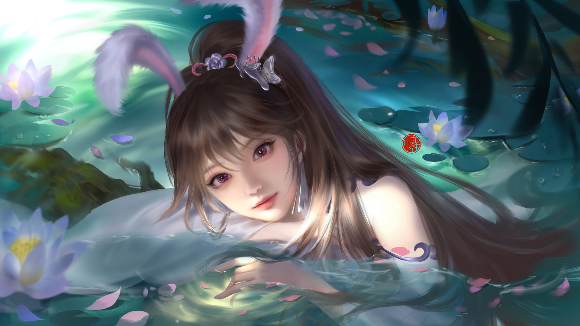 绚丽女人 深色头发 长发 兔耳朵 花 电脑 壁纸 5906×3322