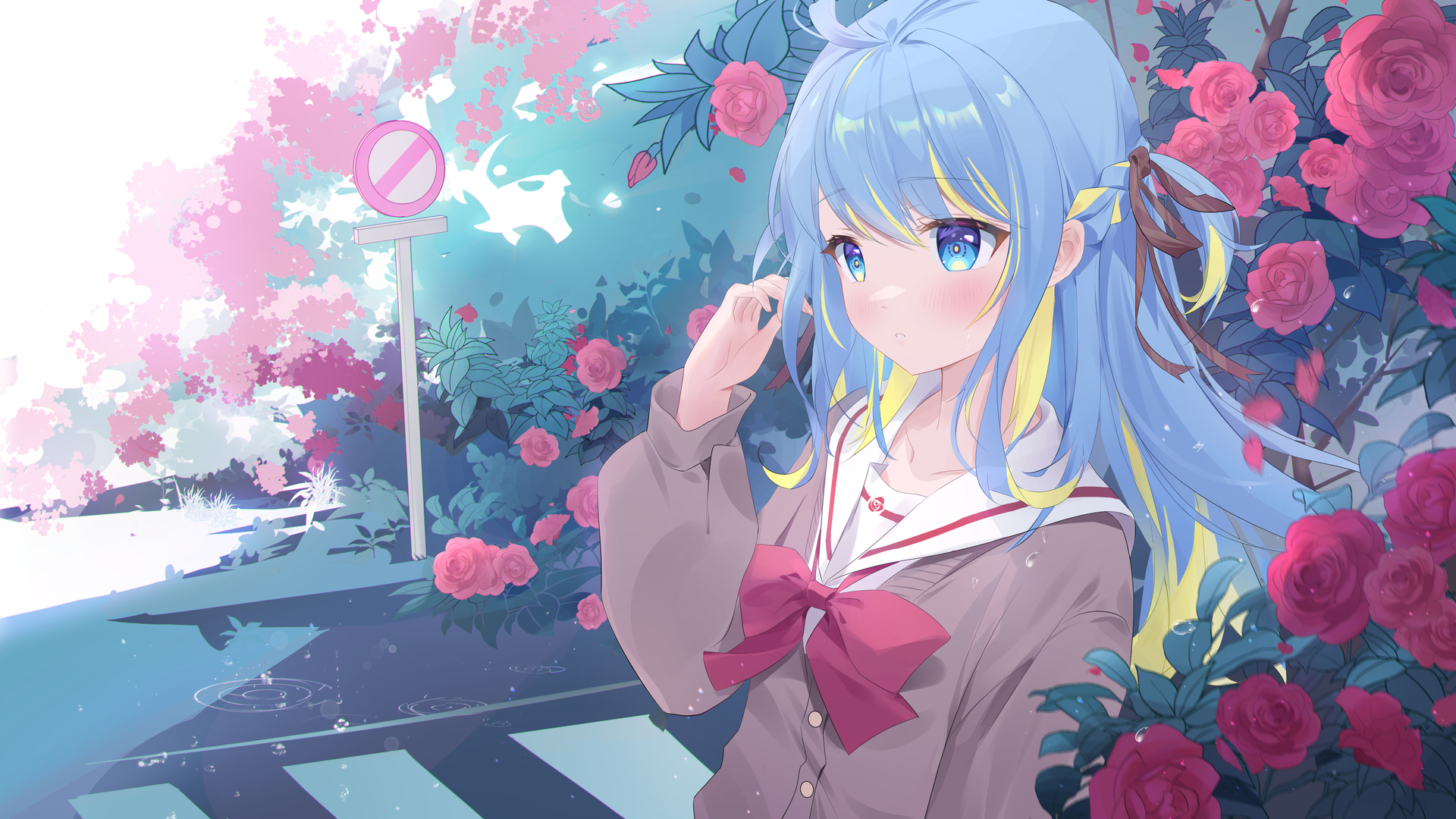 唯美动漫 动漫女孩 校服 站牌 玫瑰 雨 双色调头发 电脑 4K壁纸 5920×3330