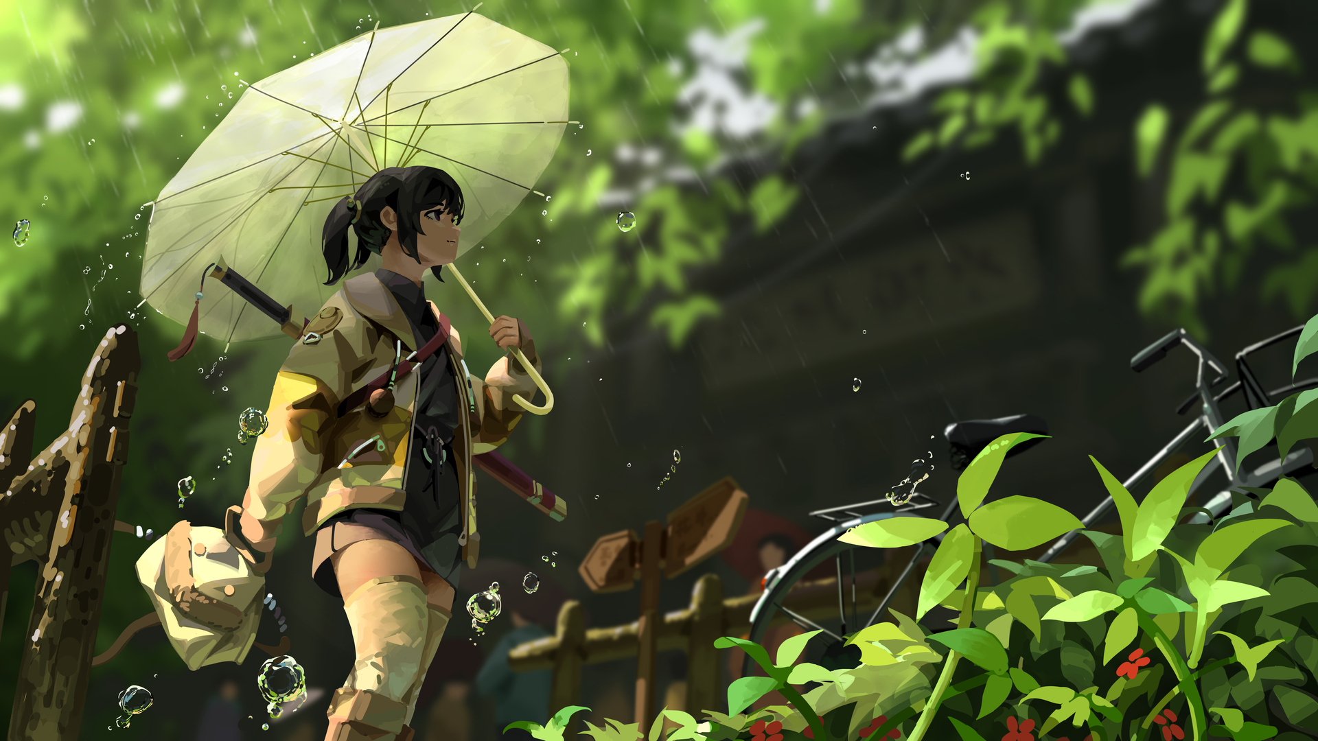 水滴 手提包 绿色 自行车 动漫 动漫女孩 植物 电脑 桌面壁纸 7680×4320