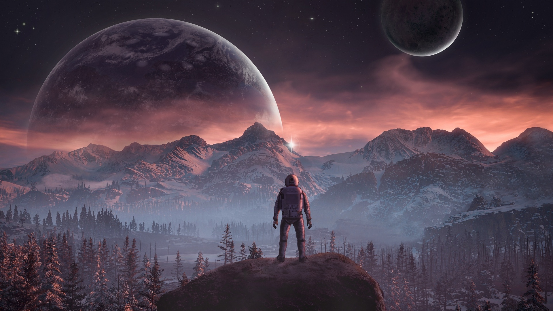 超清宇航员 自然 景观 山 天空 月亮 行星 电脑 壁纸 3840×2160