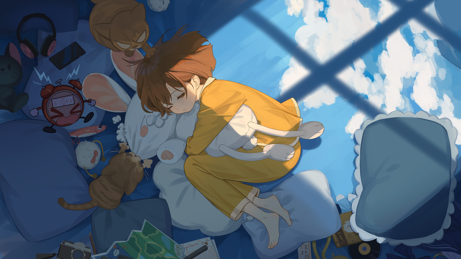 精选闭上眼睛 侧卧 双脚 动漫女孩 动漫 睡觉 猫 枕头 电脑 壁纸 4445×2500