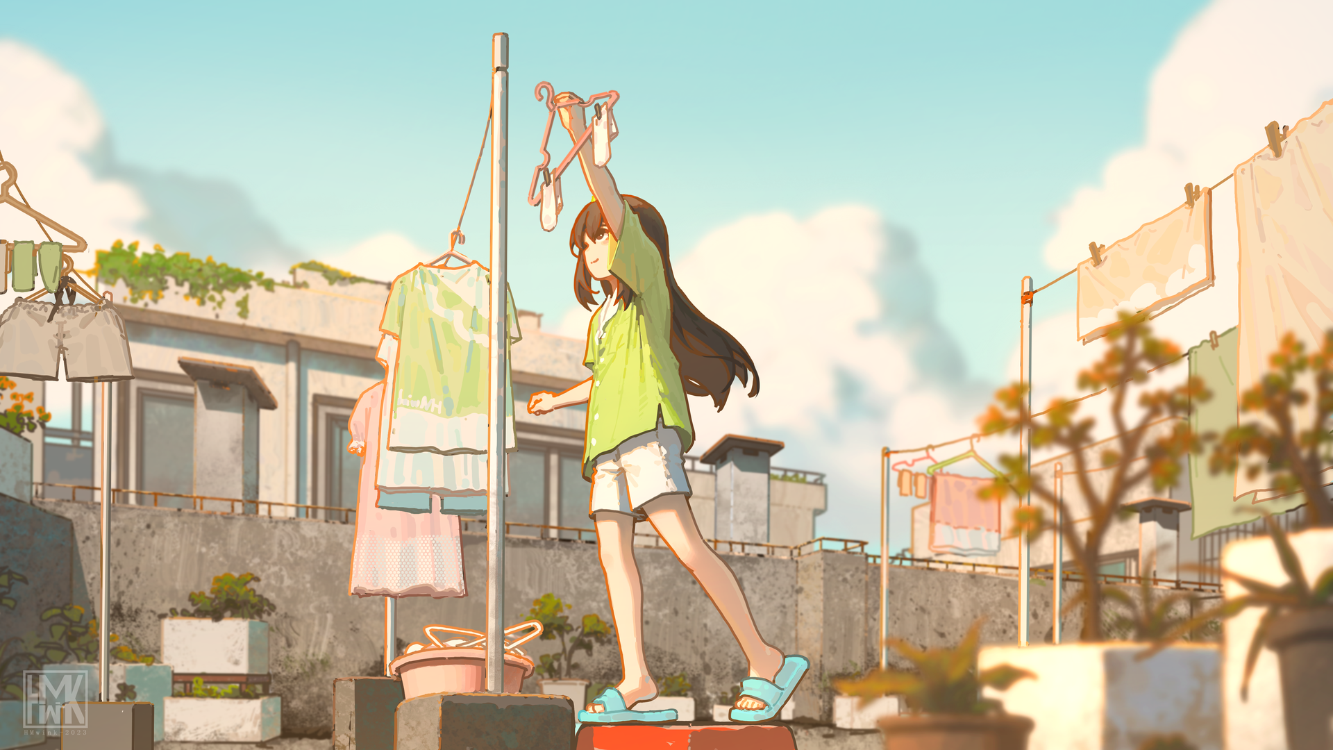 洗衣 动漫女孩 天空 云 植物 建筑 衣服 电脑 壁纸 5255×2957