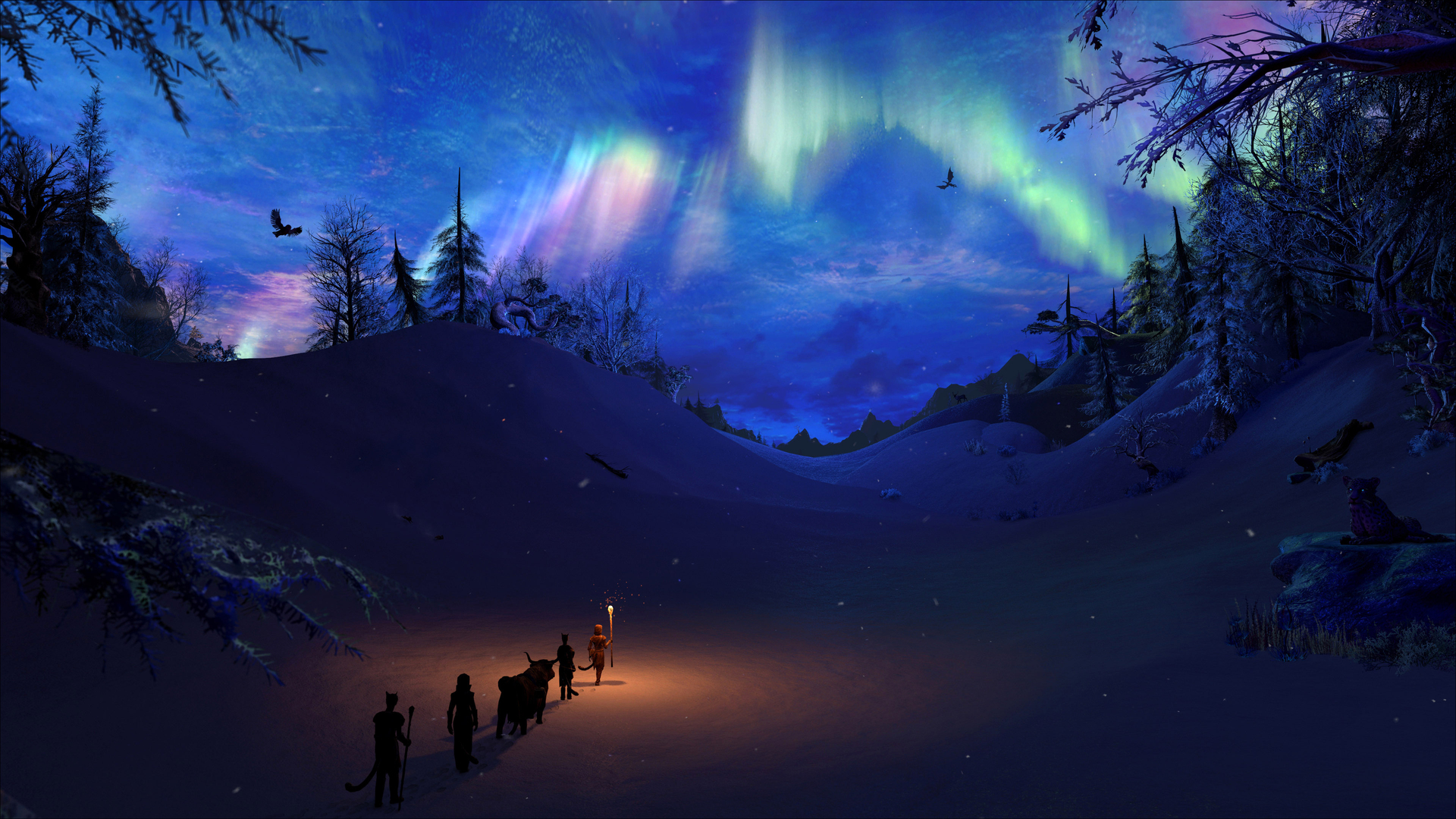雪 奇幻艺术 夜晚 风景 长老卷轴 天际 极光 电脑 壁纸 3840×2160