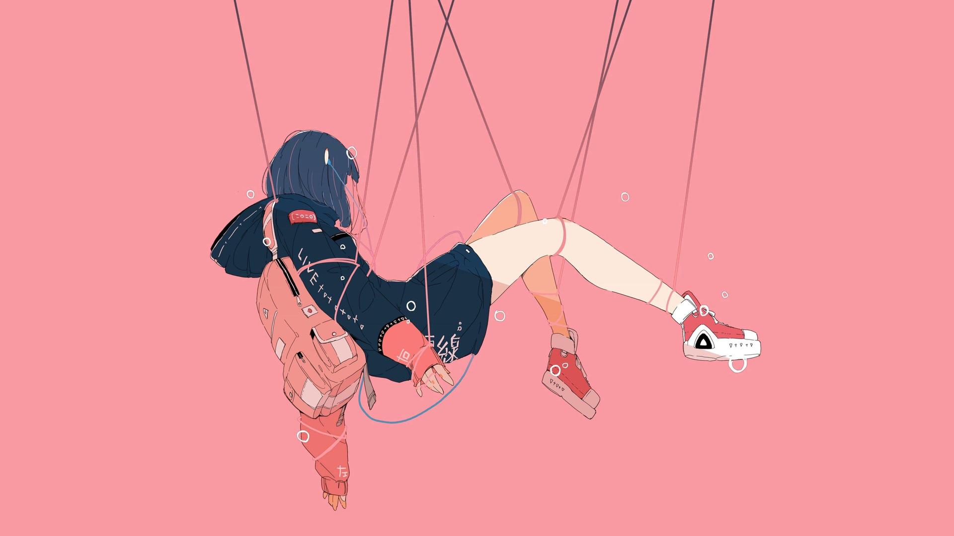 原创人物 动漫女孩 极简主义 简单背景 背包 鞋子 电脑 壁纸 3840×2160