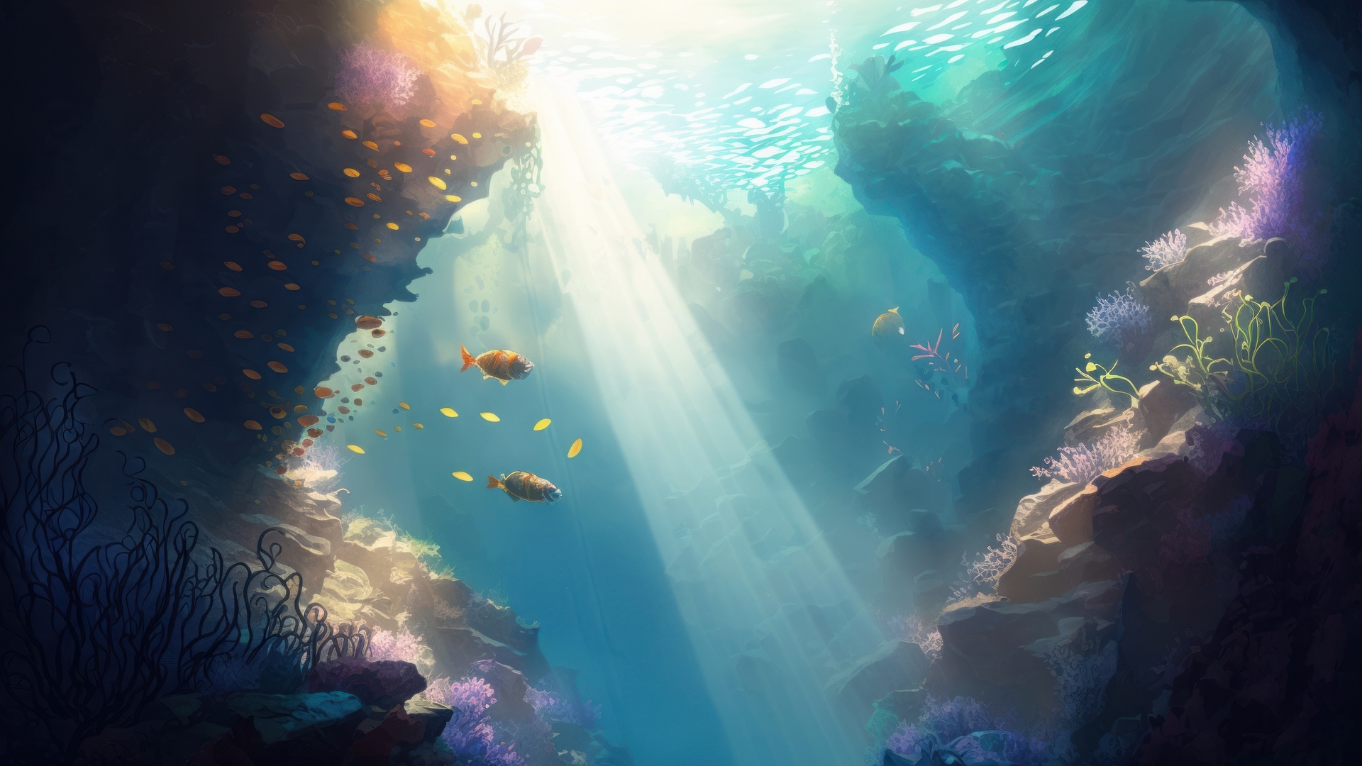 艺术 水下 数码绘画 珊瑚礁 水中 鱼 动物 阳光 电脑 4K壁纸 4579×2616