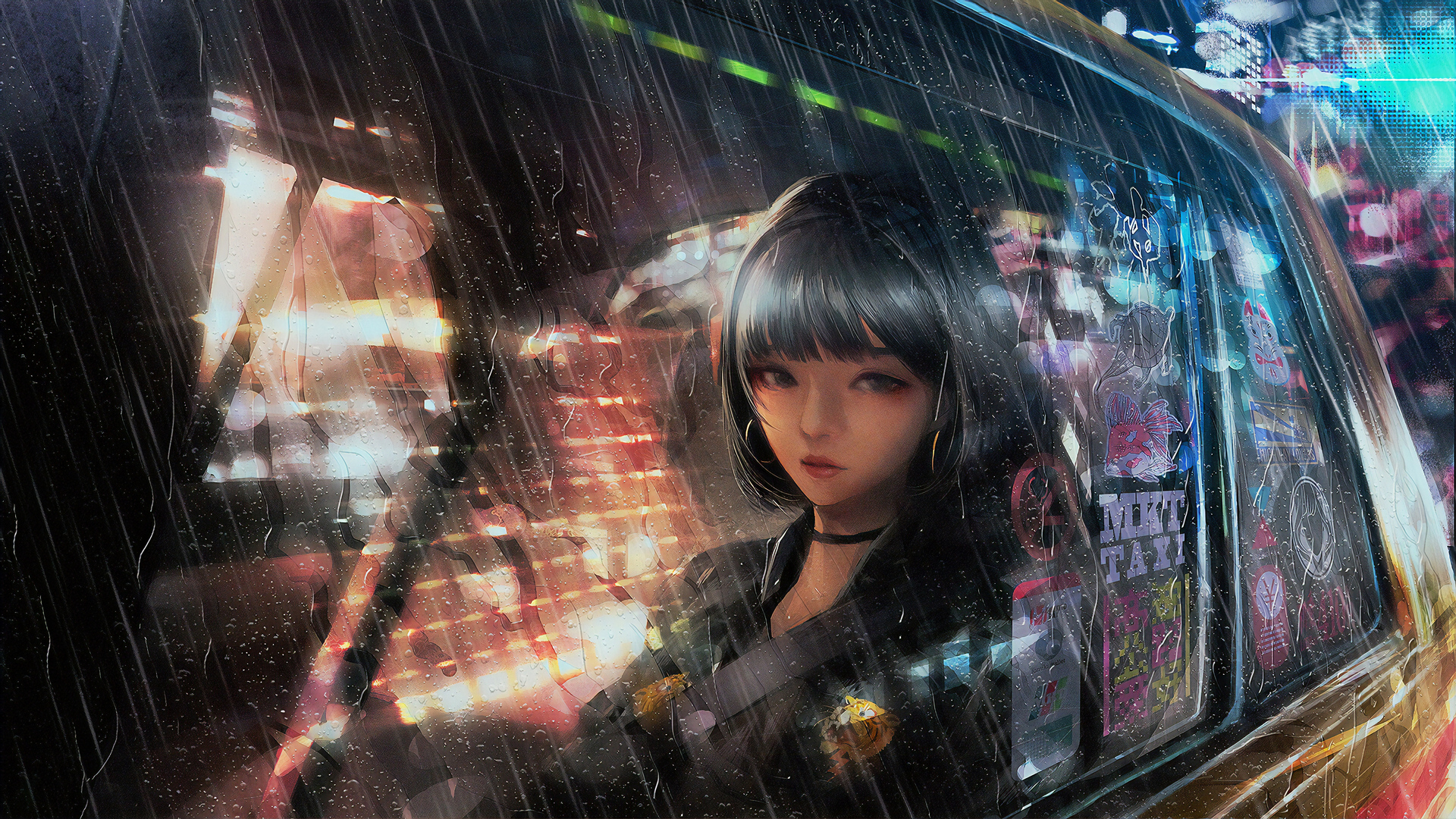 高清女人 深色头发 向窗外看 AI艺术 雨 汽车 项链 车窗 电脑 无水印壁纸 3840×2160