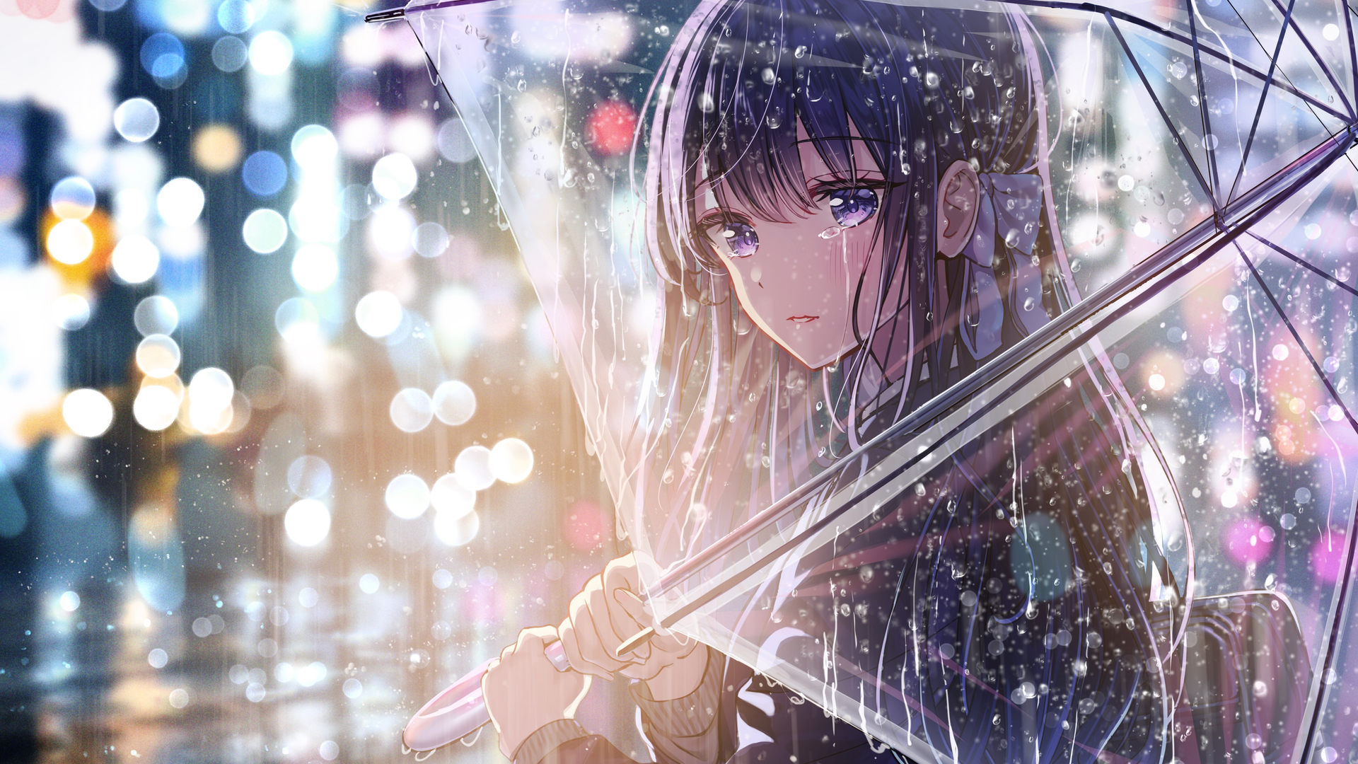 热门眼泪 樱花 艺术家 雨伞 雨 动漫女孩 灯光 电脑 壁纸 4093×2894