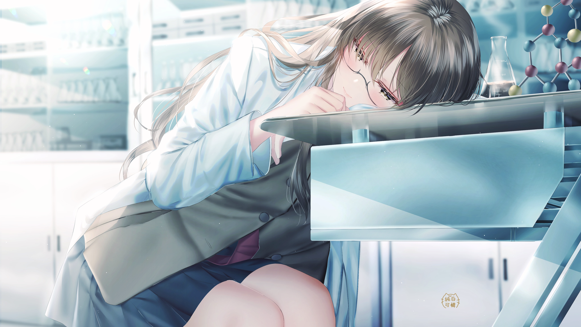 高清动漫女孩 实验室 动漫 眼镜 电脑 桌面壁纸 4096×2756