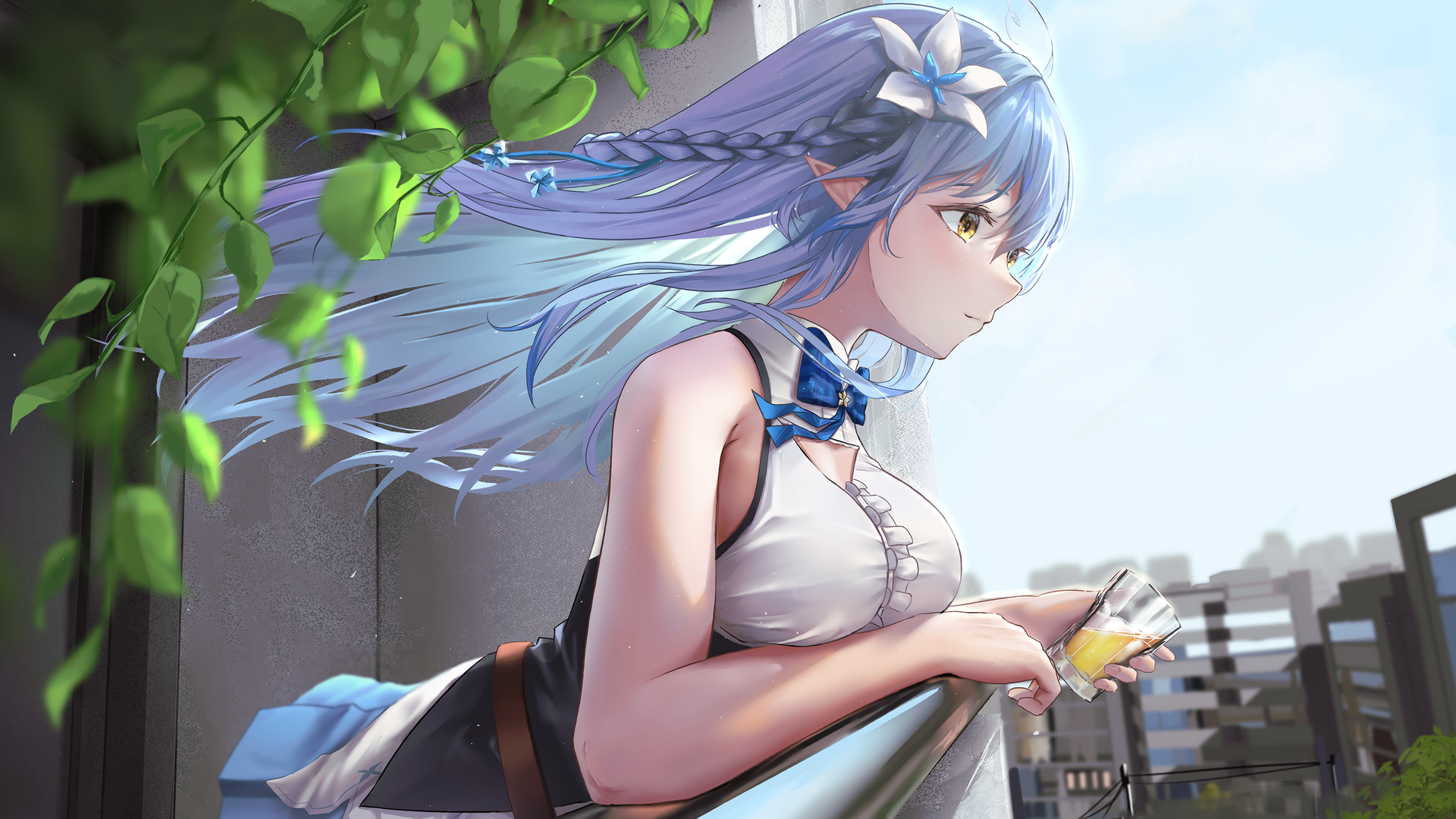 蓝色头发 长发 全息 远望 黄色眼睛 动漫女孩 兽耳 电脑 壁纸 3840×2160