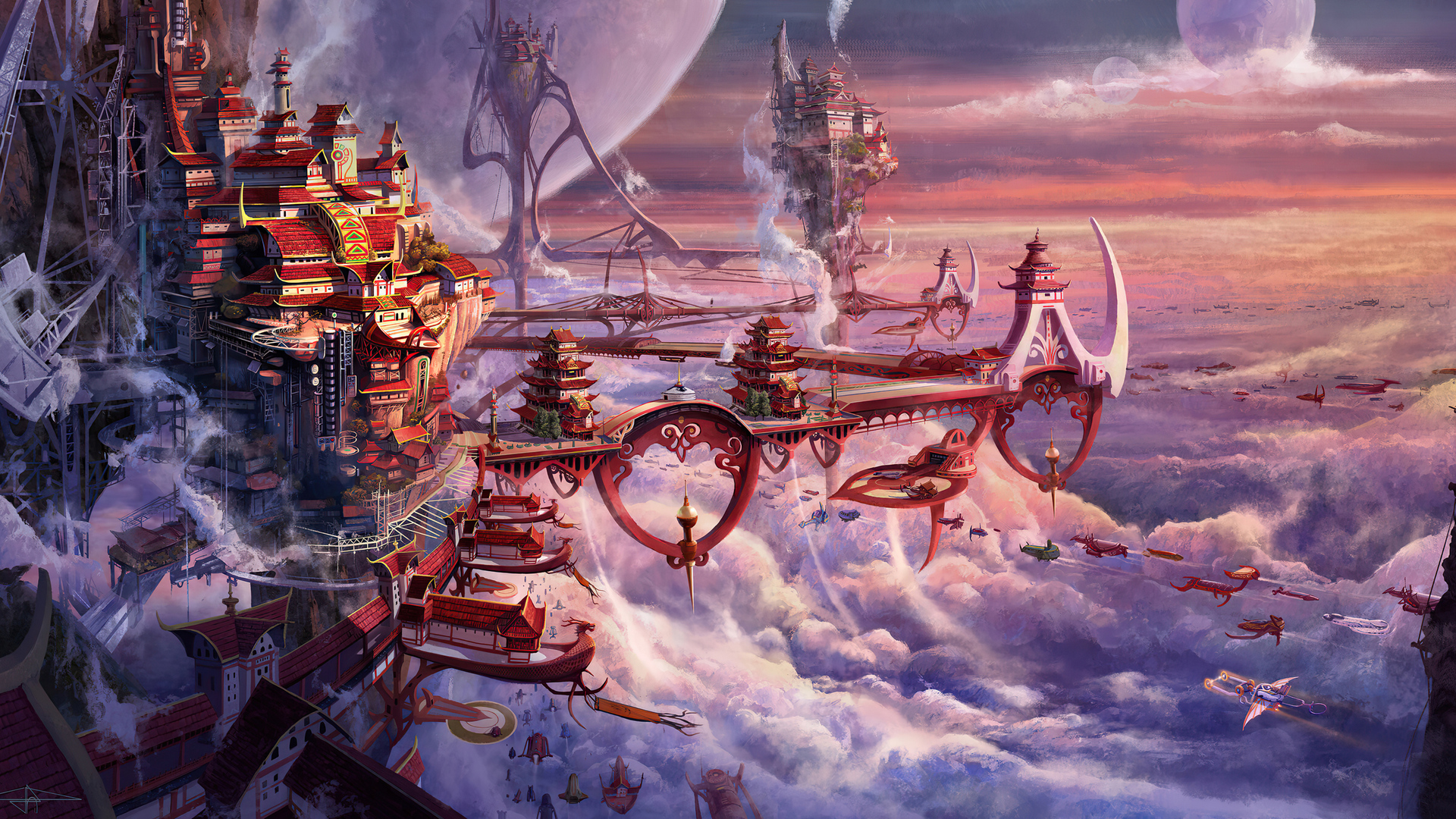 AI艺术 幻想艺术 幻想城市 云 亚洲建筑 电脑 4K高清壁纸 3840×2160