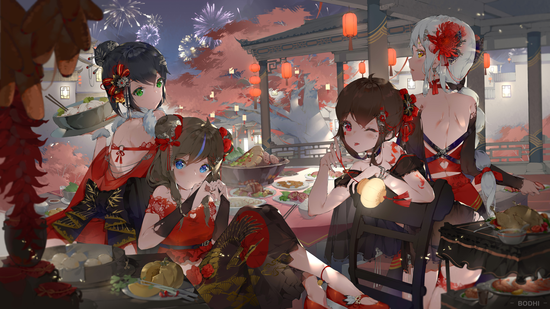 菩提武圣花 菩提 动漫 动漫女孩 烟花 灯笼 节日 电脑 4K壁纸 10080×5670