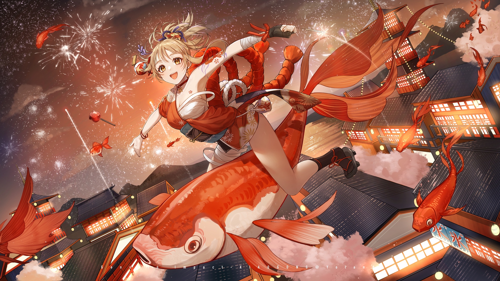 热门动漫 动漫女孩 原神 烟花 黄眼睛 鱼 建筑 电脑 高清壁纸 5600×3150