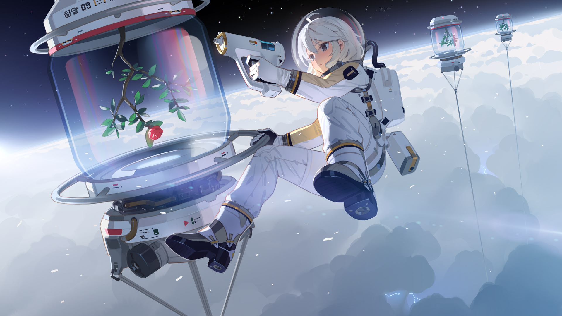 热门动漫 动漫女孩 太空 宇航服 云 星星 花 闪电 电脑 桌面壁纸 4093×2792