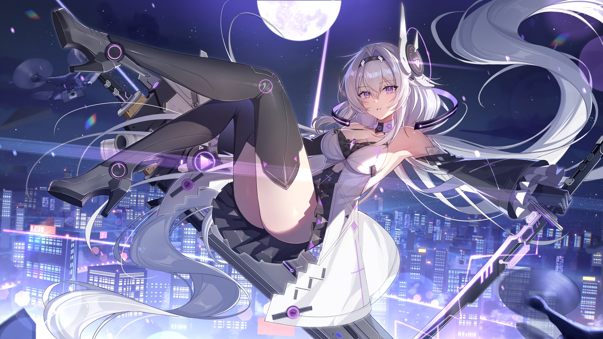 长发 动漫 动漫女孩 长袜 月亮 夜晚 天空 城市 城市灯光 星星 电脑 4K壁纸 5345×3007