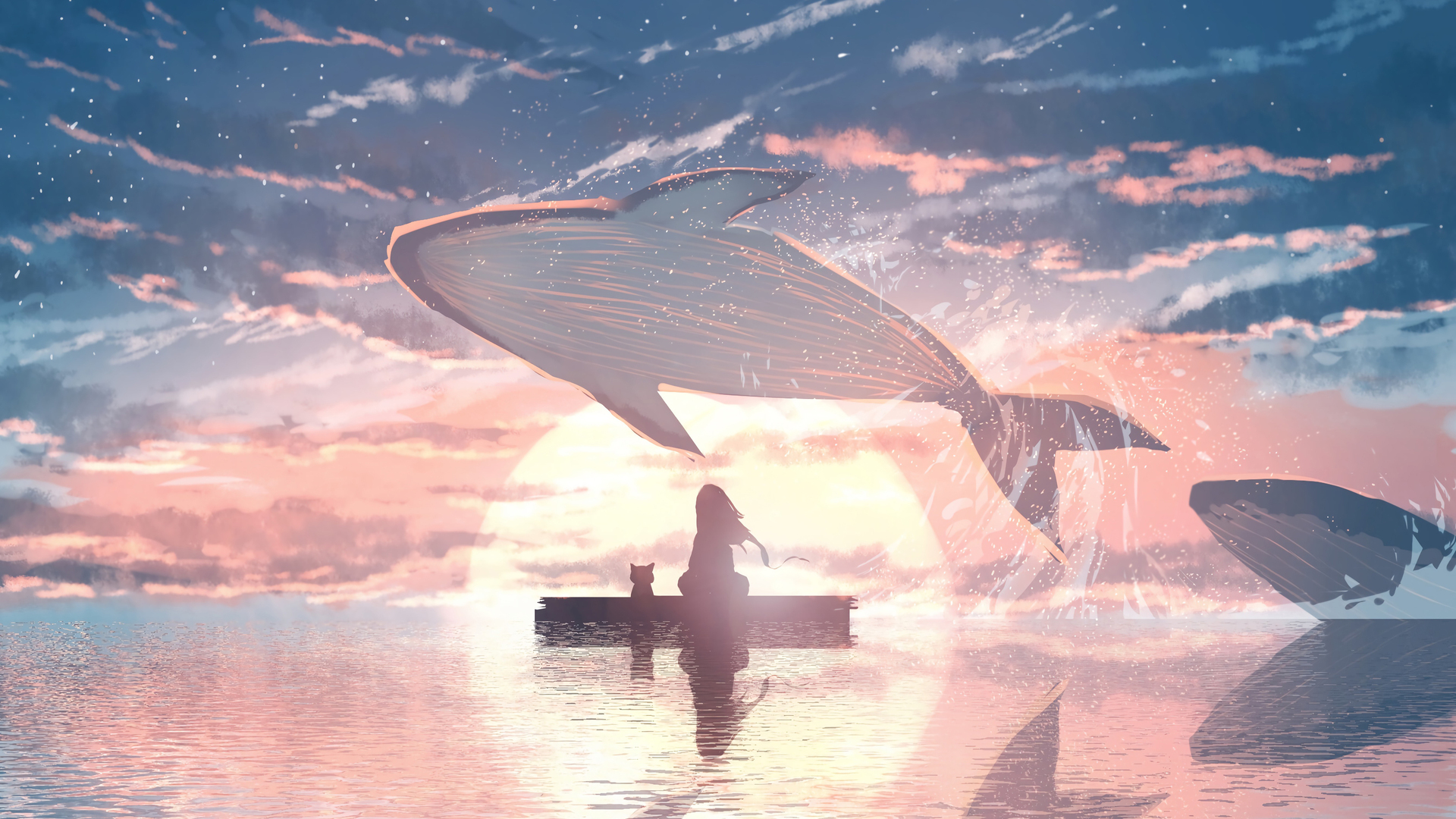 海 动漫女孩 夕阳 鲸鱼 水 云 动物 电脑 4K壁纸 4000×2526
