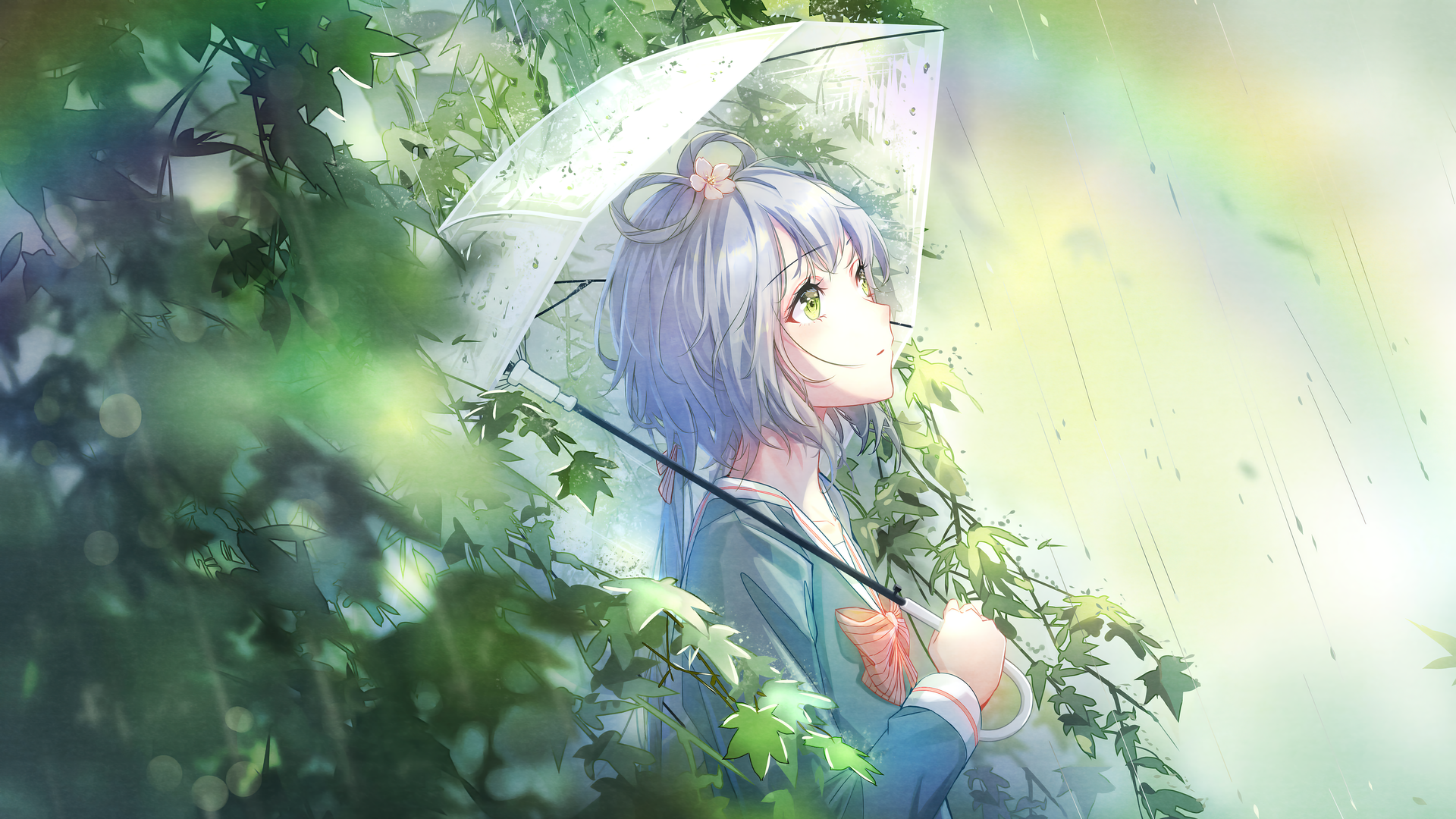 绿眼睛 目光移开 动漫 动漫女孩 雨伞 雨 电脑 壁纸 5120×2880