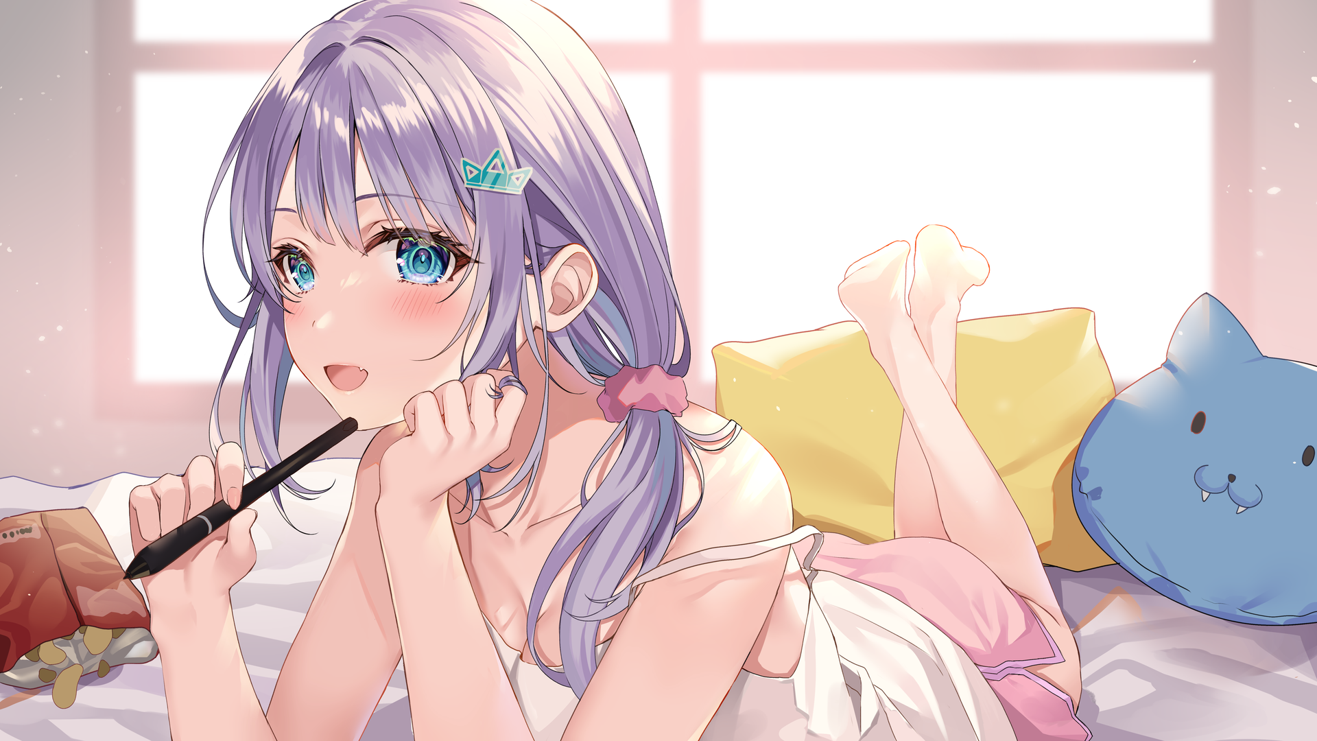 高清躺着 紫色头发 微笑 蓝眼睛 动漫女孩 脸红 电脑 壁纸 6400×3600